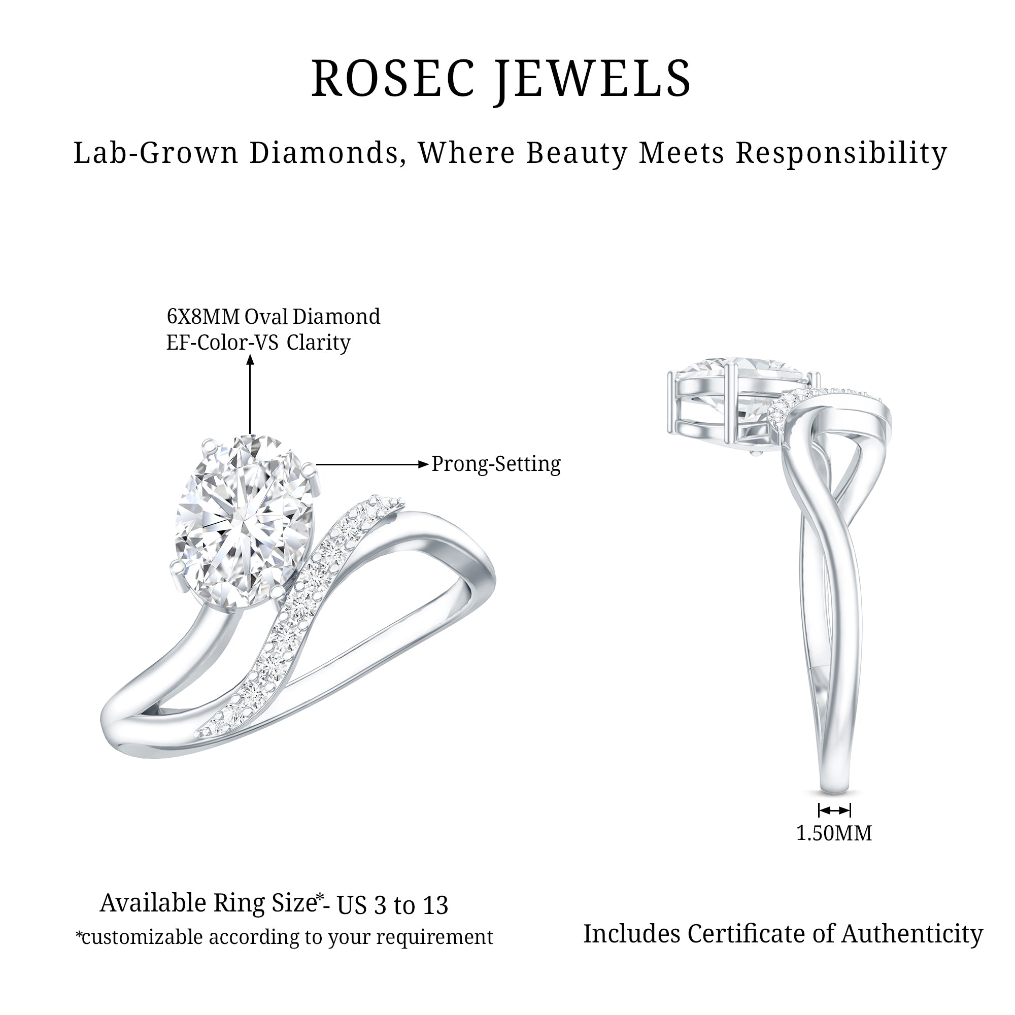 Certified Lab Grown Diamond 6X8 MM Oval Engagement Ring For Women Lab - ( EF-VS ) - Rosec Jewels