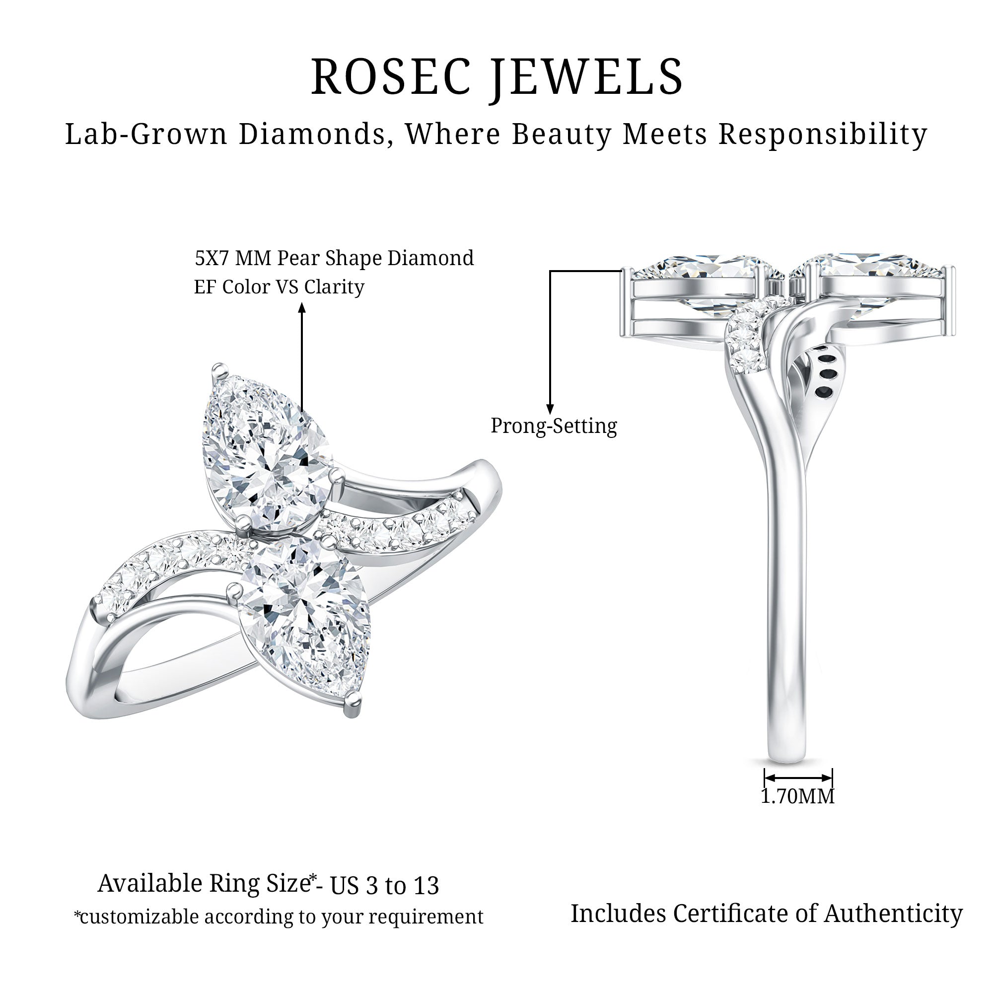 Certified Lab Grown Diamond 2 Stone Engagement Ring For Women Lab - ( EF-VS ) - Rosec Jewels