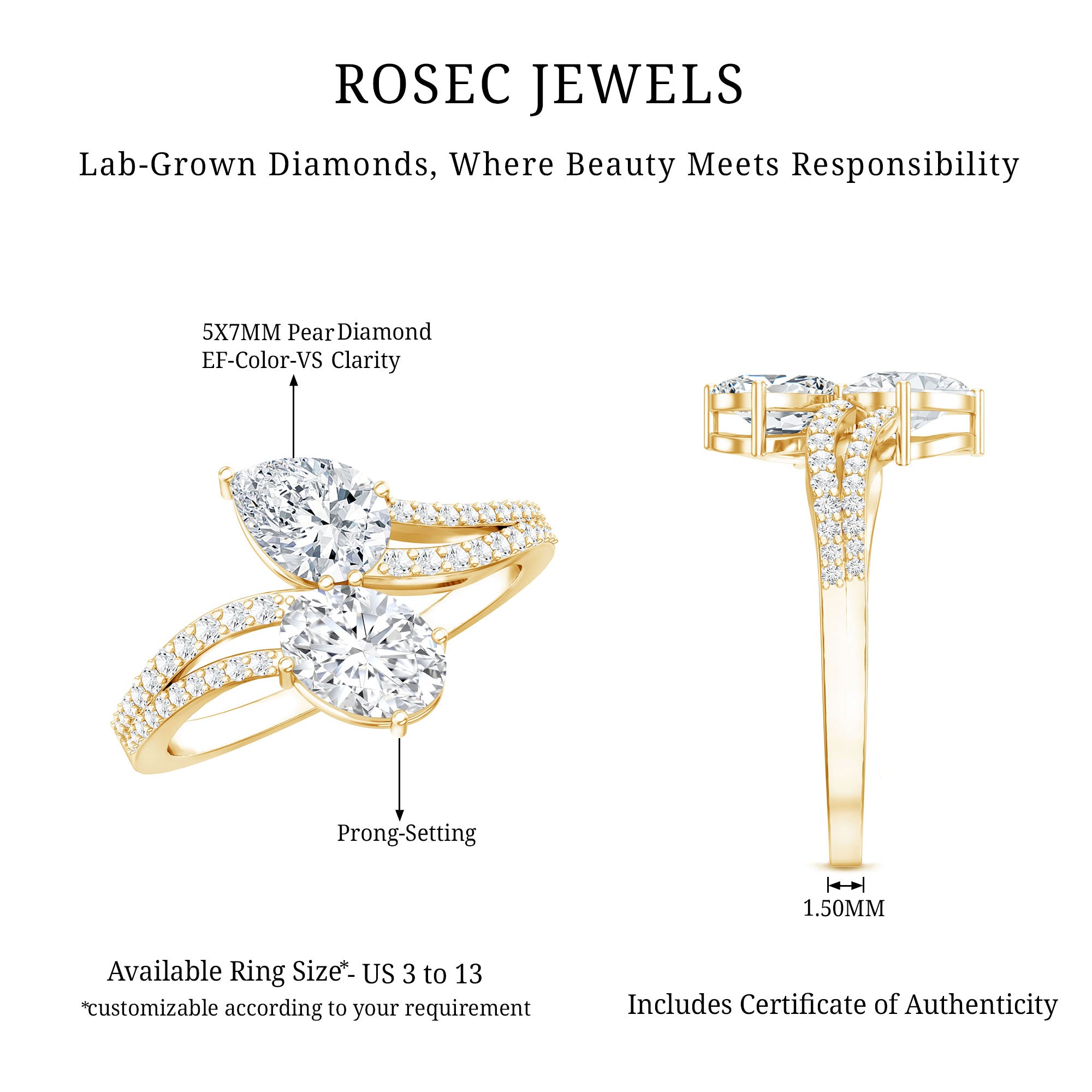 Certified Lab Grown Diamond Toi Et Moi Engagement Ring Lab - ( EF-VS ) - Rosec Jewels