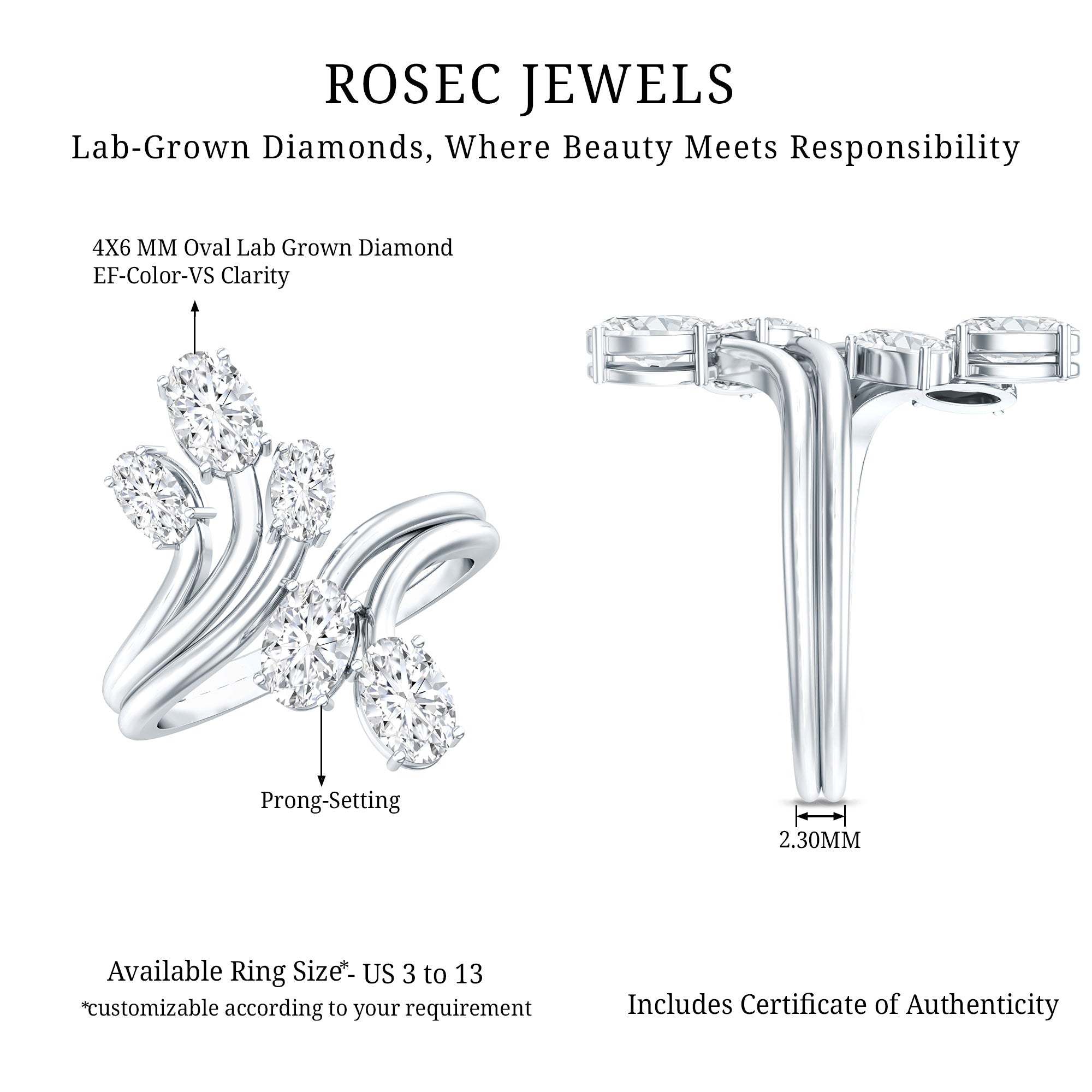 Certified Oval Lab Grown Diamond Designer Cocktail Ring Lab - ( EF-VS ) - Rosec Jewels