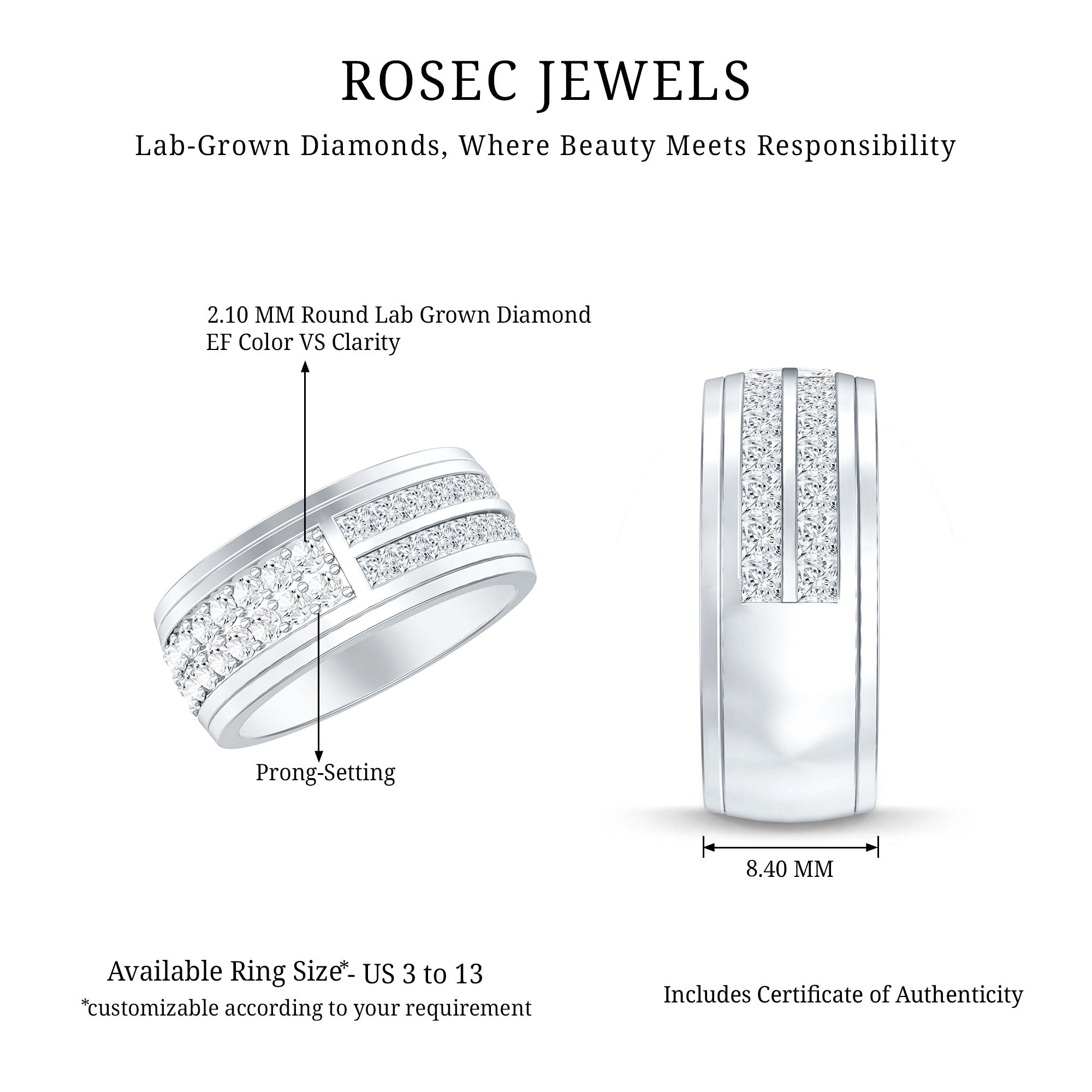 Certified Lab Grown Diamond Wide Wedding Band Ring Lab - ( EF-VS ) - Rosec Jewels