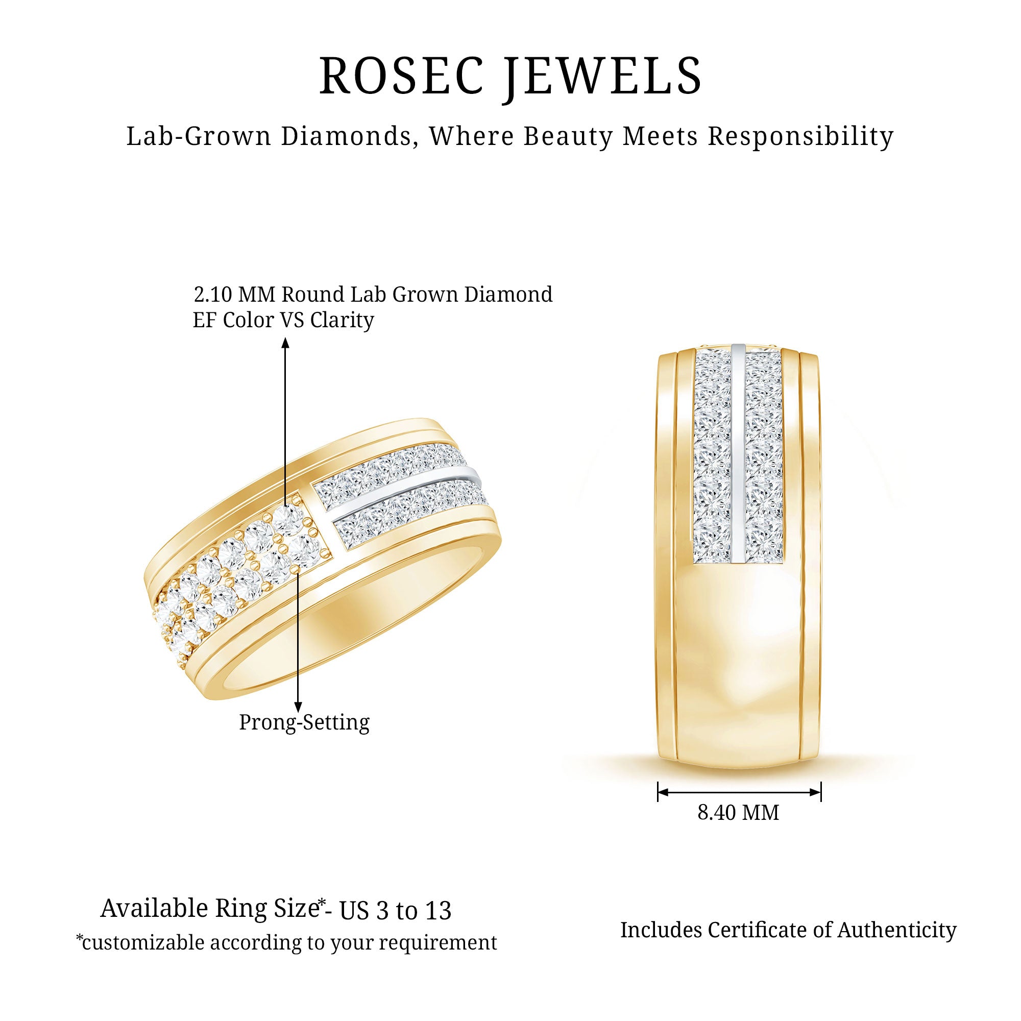 Certified Lab Grown Diamond Wide Wedding Band Ring Lab - ( EF-VS ) - Rosec Jewels