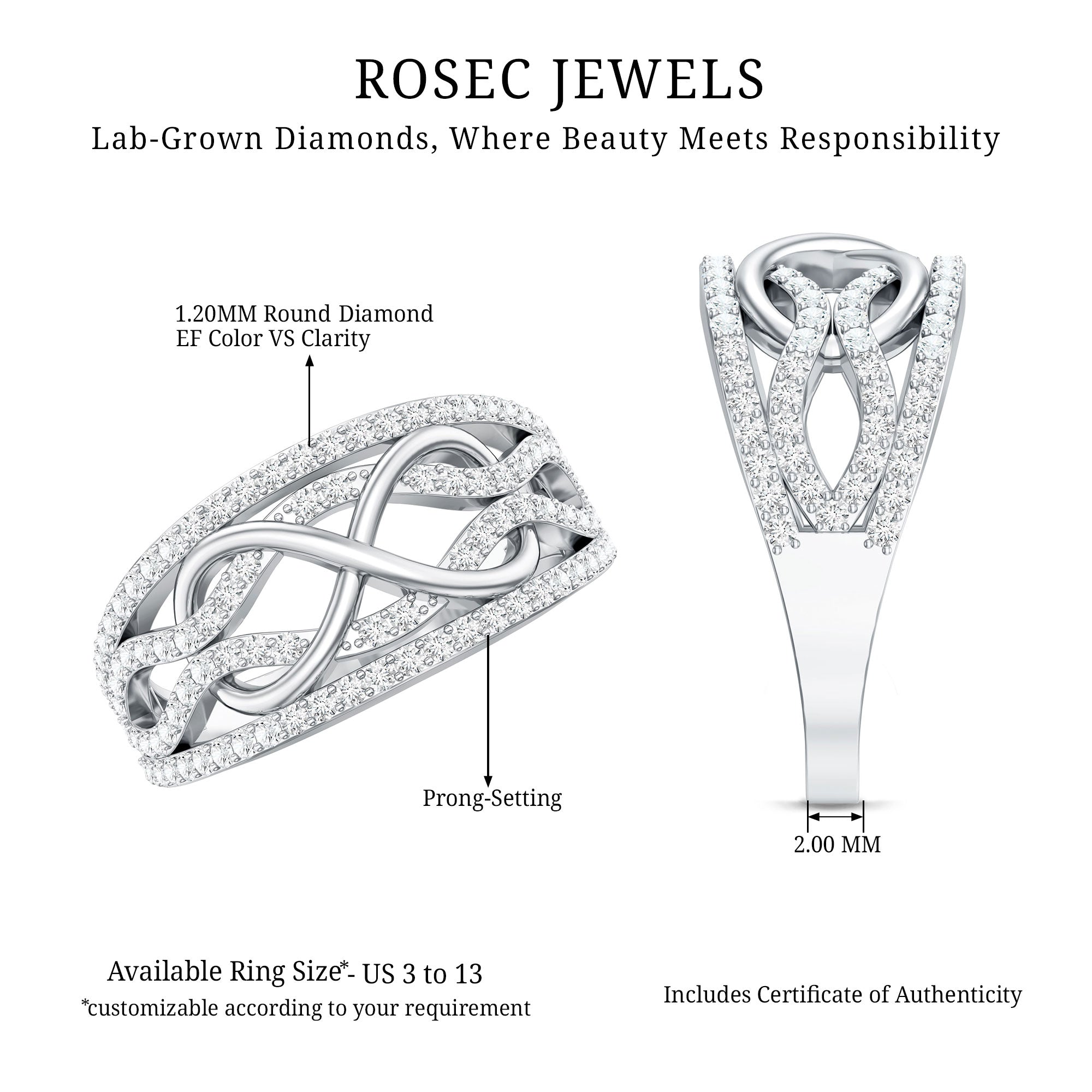 Certified Lab Grown Diamond Infinity Wedding Band Ring Lab - ( EF-VS ) - Rosec Jewels