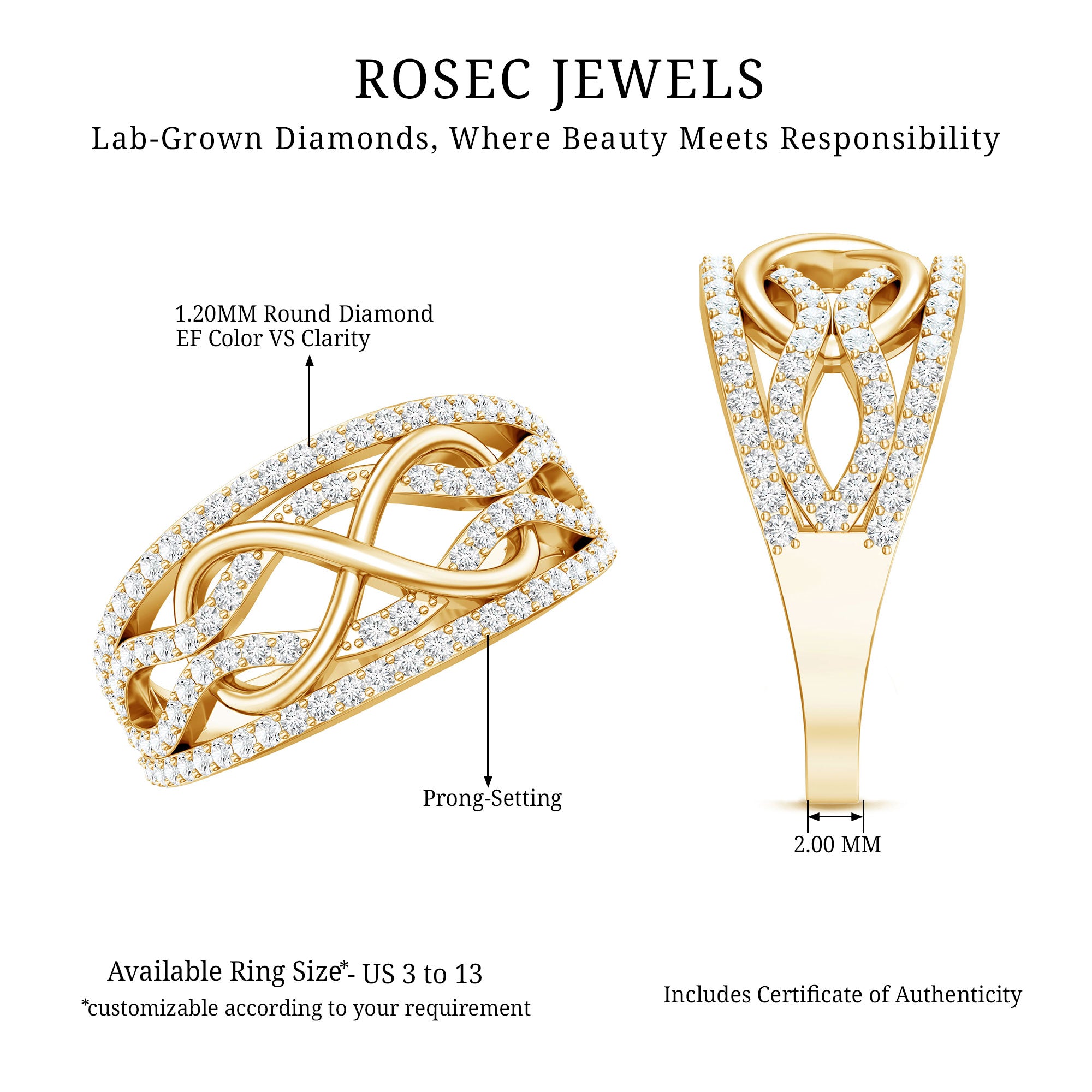 Certified Lab Grown Diamond Infinity Wedding Band Ring Lab - ( EF-VS ) - Rosec Jewels