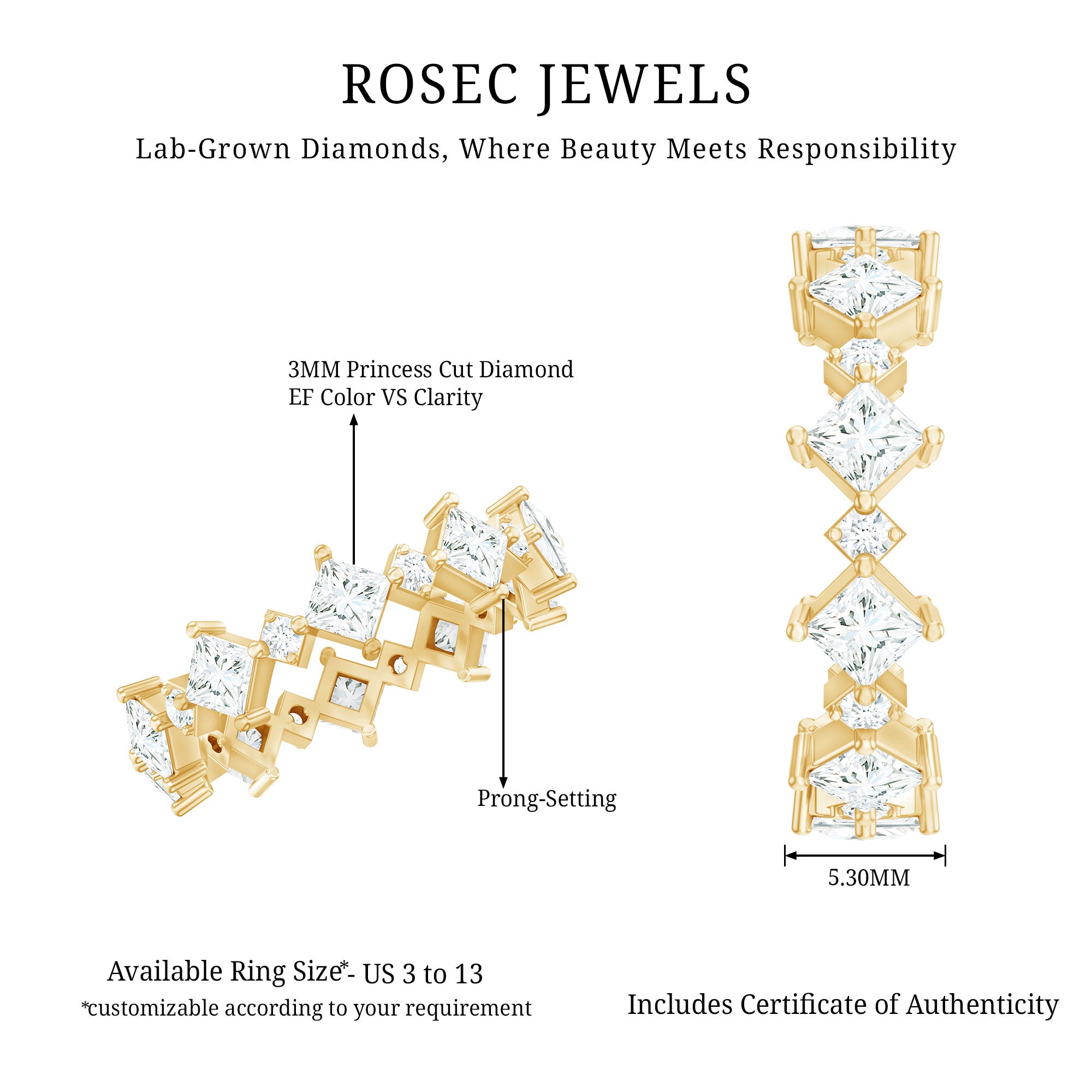 Certified Princess Cut Lab Grown Diamond Eternity Wedding Ring Lab - ( EF-VS ) - Rosec Jewels