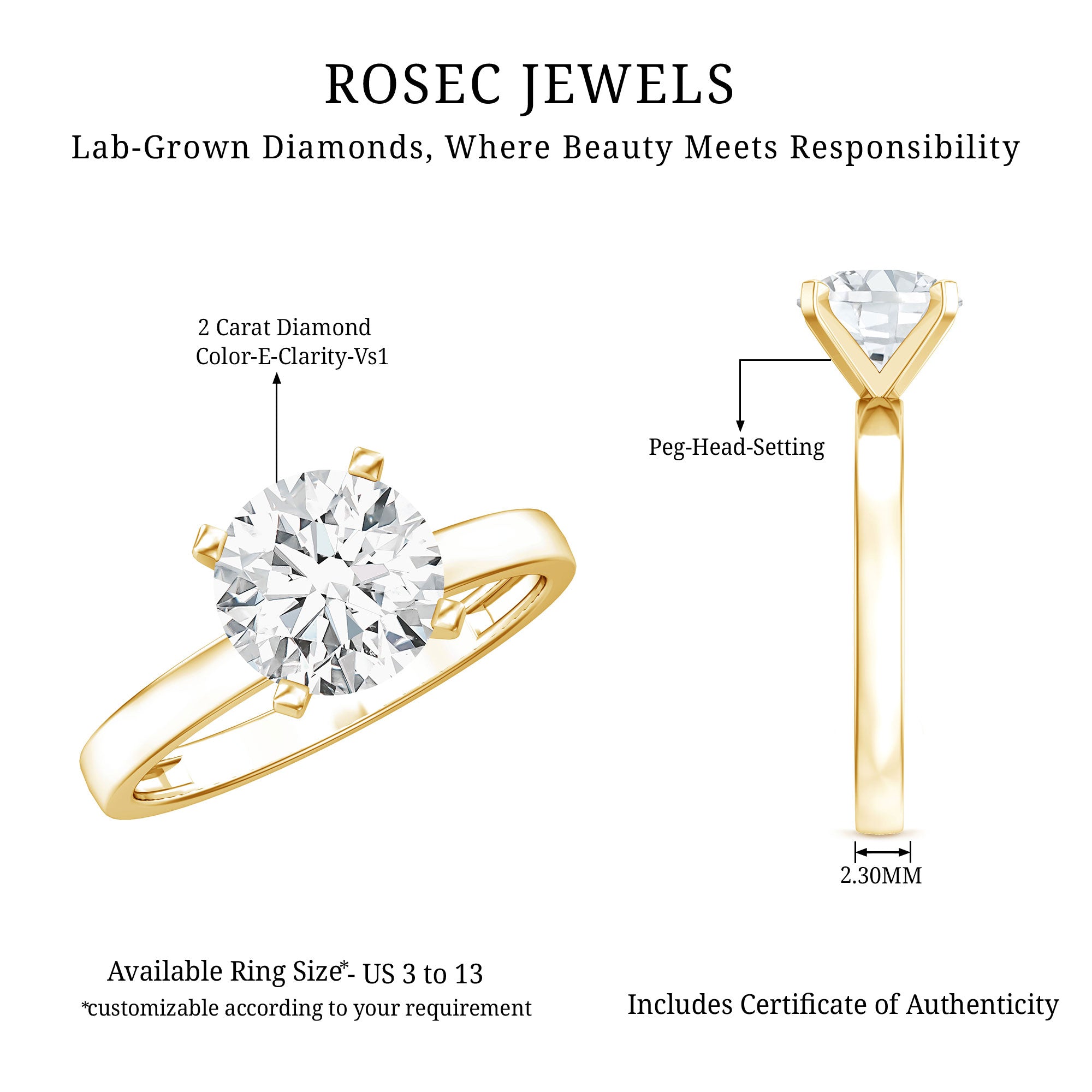 IGI Certified Lab Grown Round Diamond Solitaire Engagement Ring Lab - ( E-VS1 ) - Rosec Jewels
