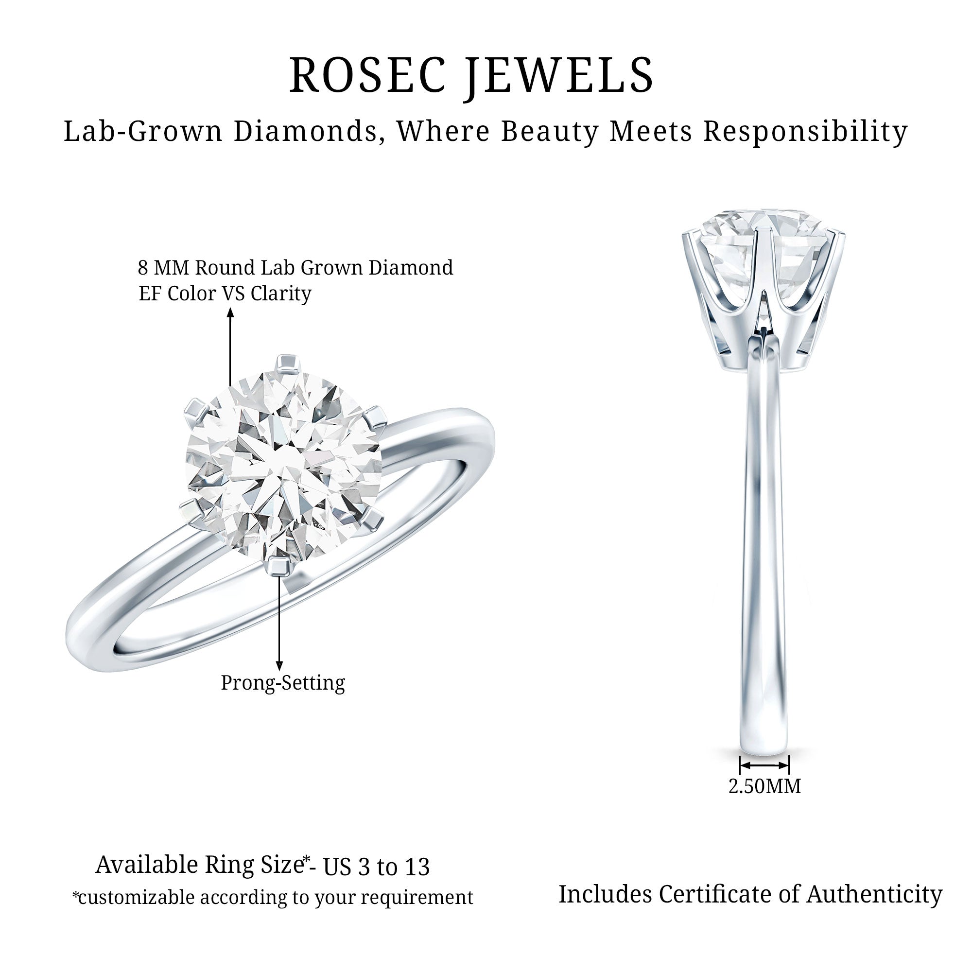 Rosec Jewels-IGI Certified Lab Grown Diamond 2 CT Engagement Ring for Women