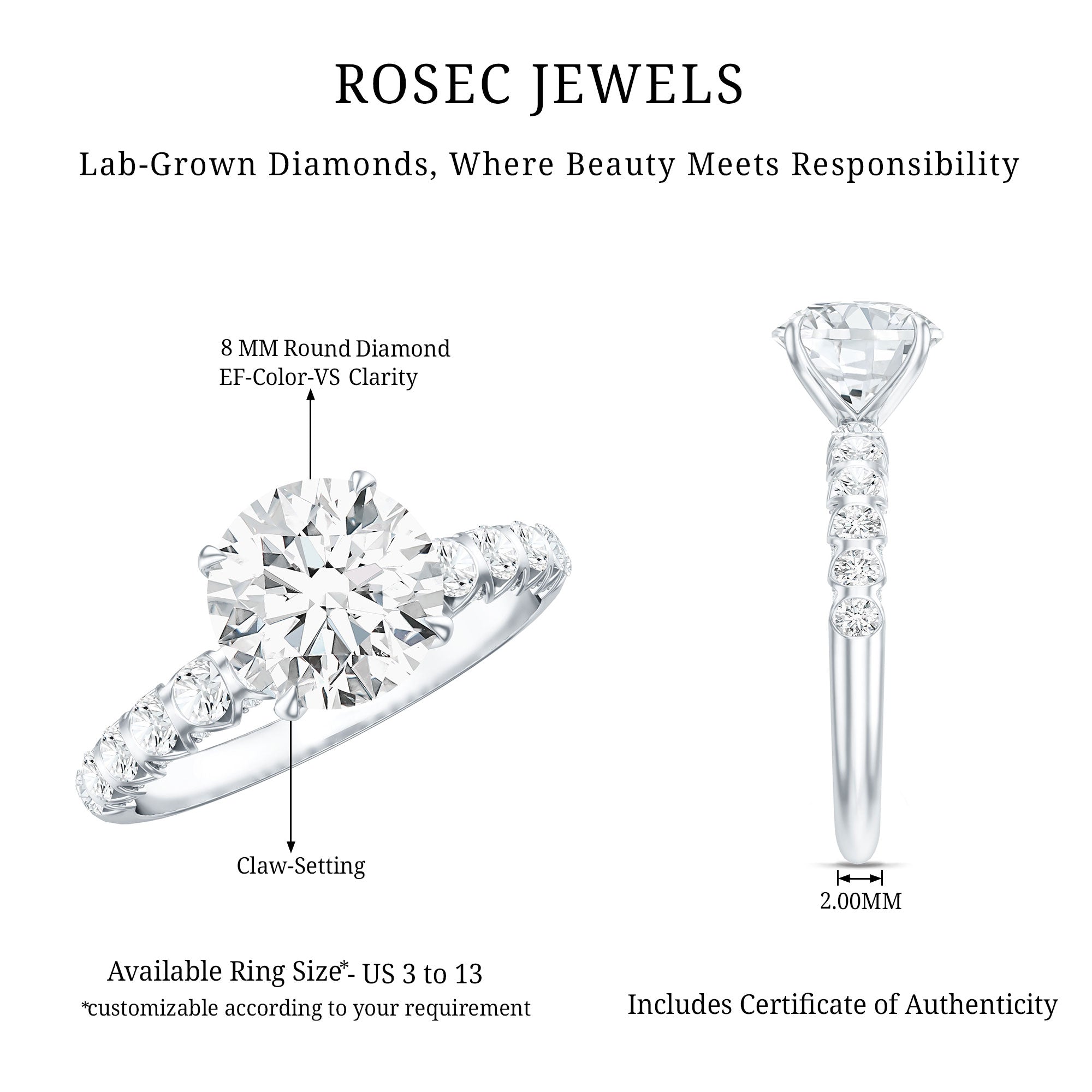 Rosec Jewels-2 Carat Lab Grown Diamond Round Engagement Ring with IGI Certificate
