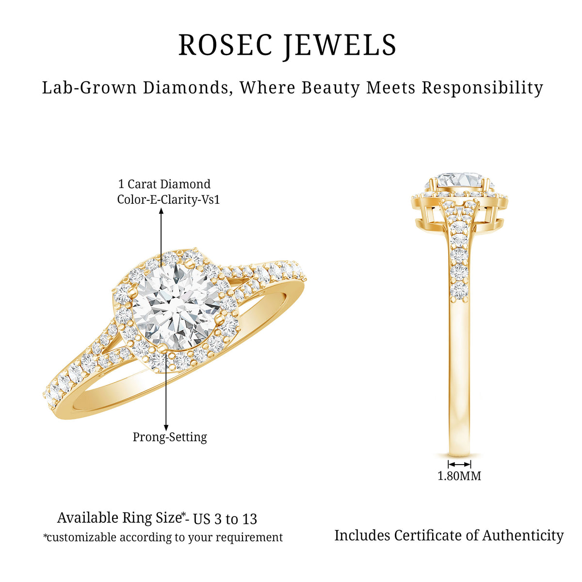 IGI Certified 1 Carat Lab Grown Diamond Halo Engagement Ring for Women Lab - ( E-VS1 ) - Rosec Jewels