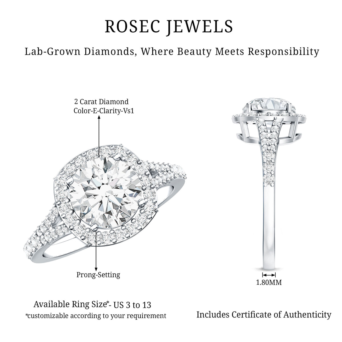 IGI Certified 2 Carat Round Lab Grown Diamond Statement Engagement Ring Lab - ( E-VS1 ) - Rosec Jewels