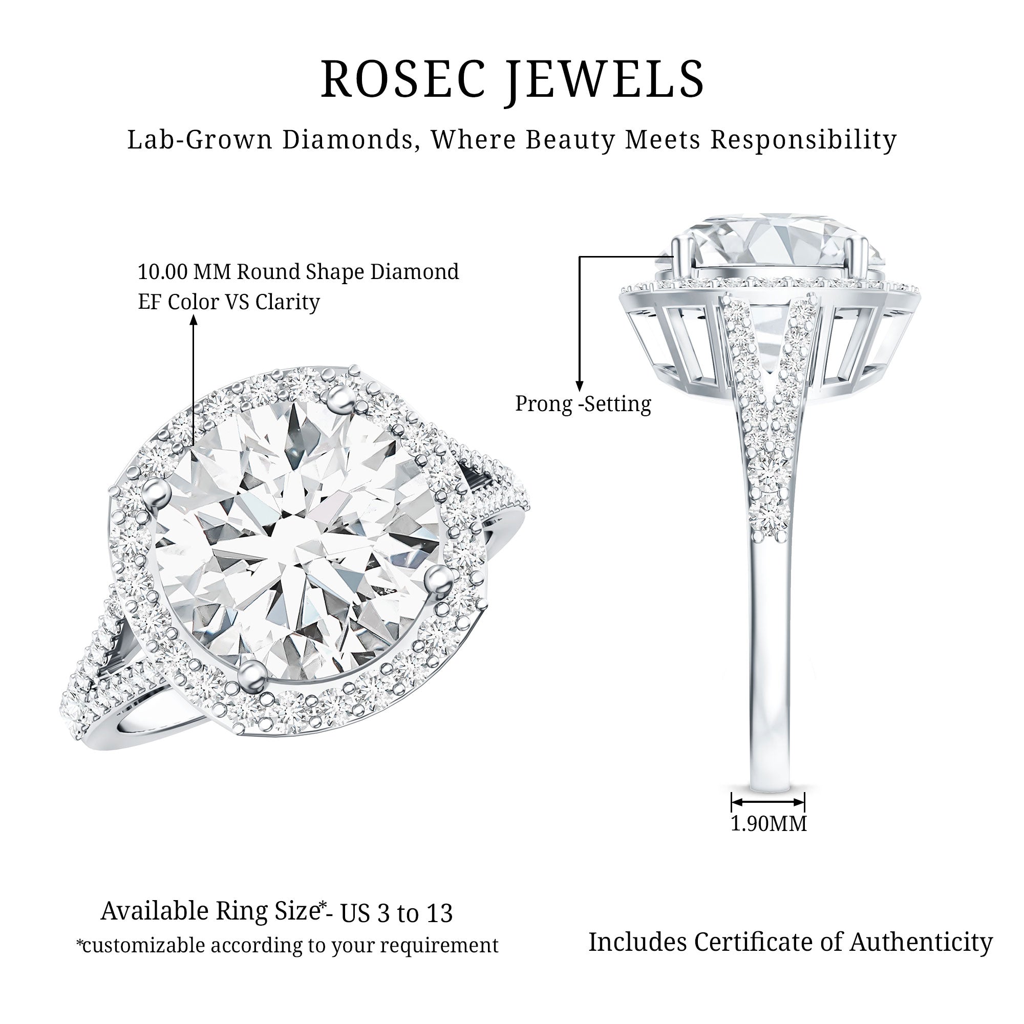 Rosec Jewels-IGI Certified Lab Grown Diamond Statement Engagement Ring with Split Shank