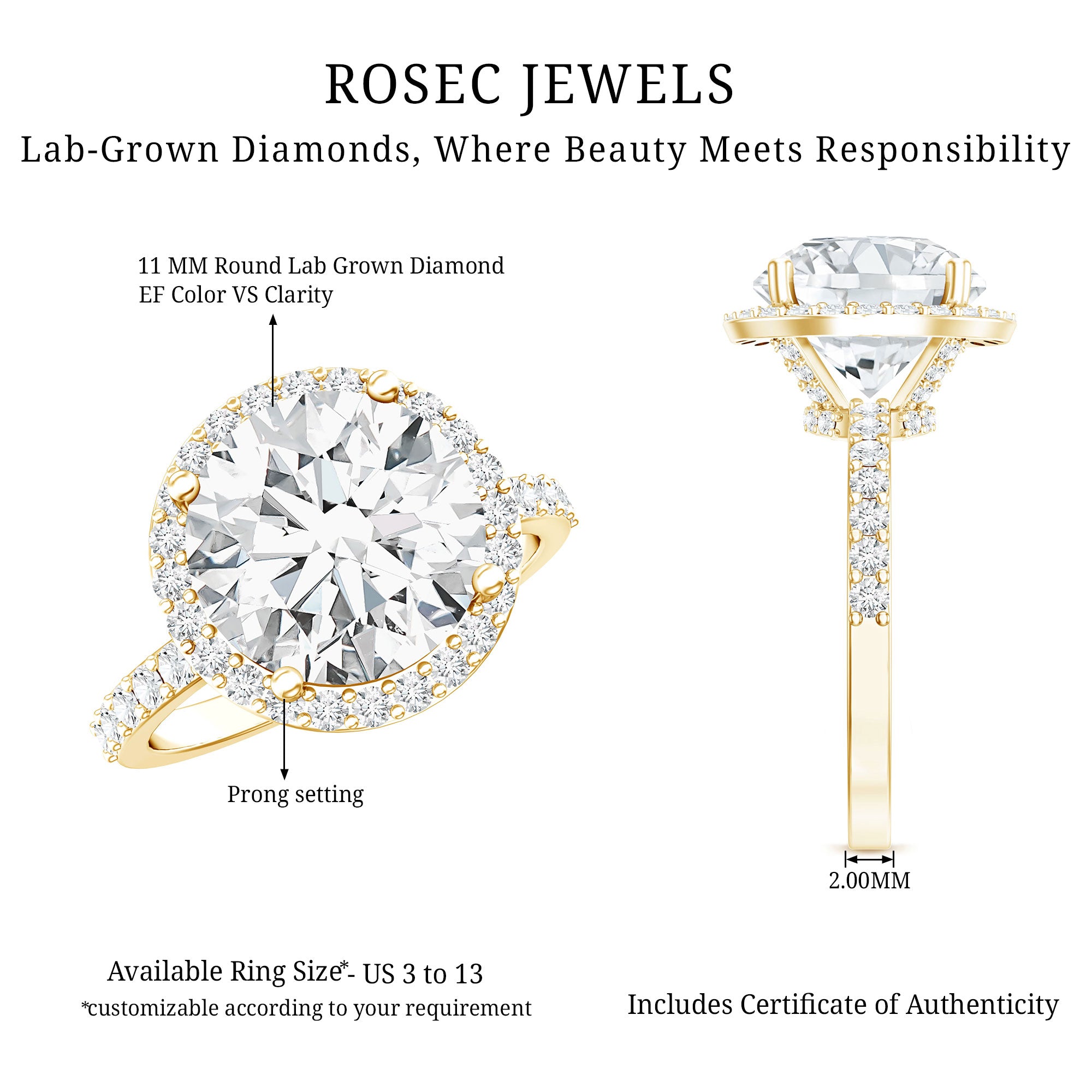 5 Carat Round Lab Grown Diamond Engagement Ring with IGI Certified Lab - ( E-VS1 ) - Rosec Jewels