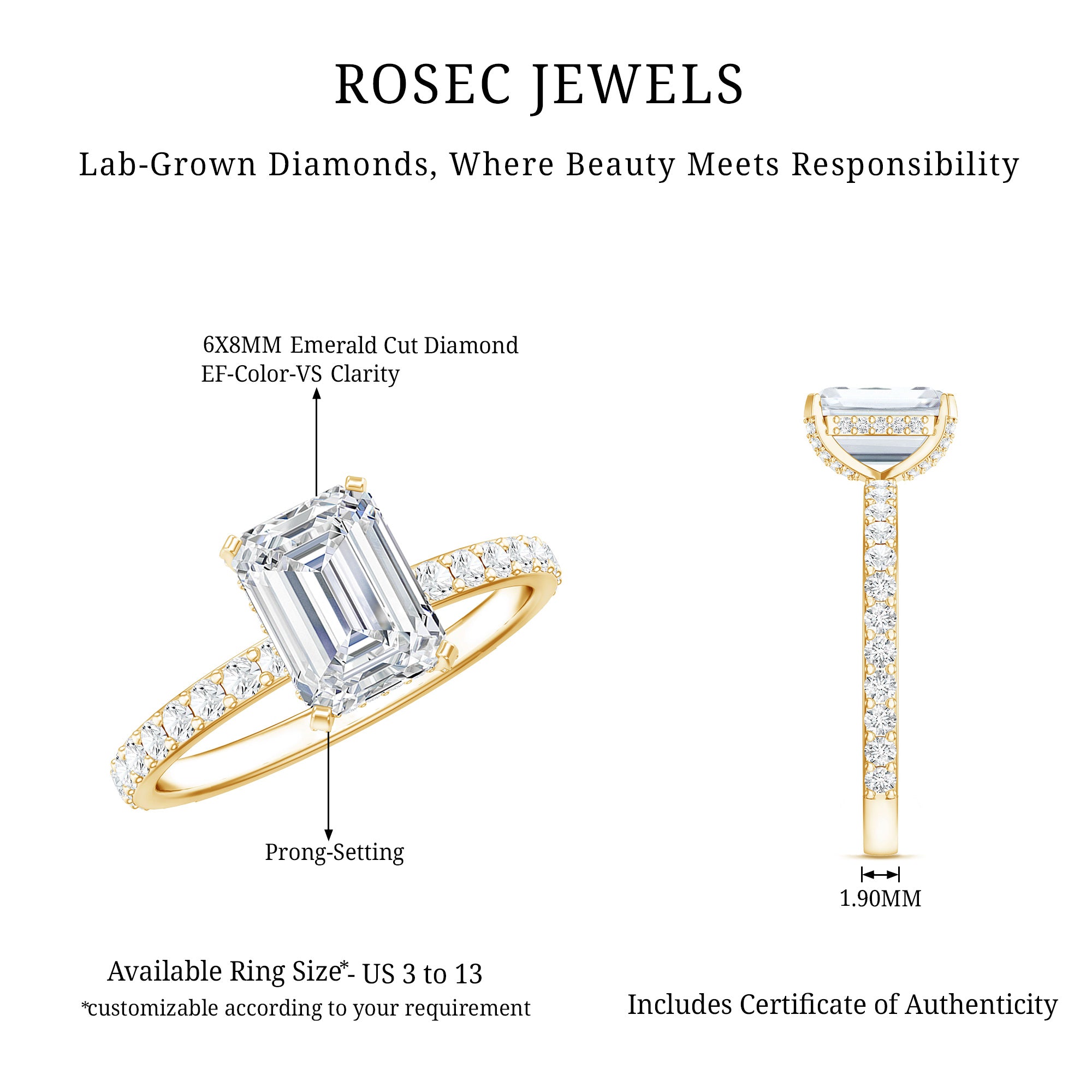 2 Carat Emerald Cut Lab Grown Diamond Solitaire Engagement Ring Lab - ( EF-VS ) - Rosec Jewels