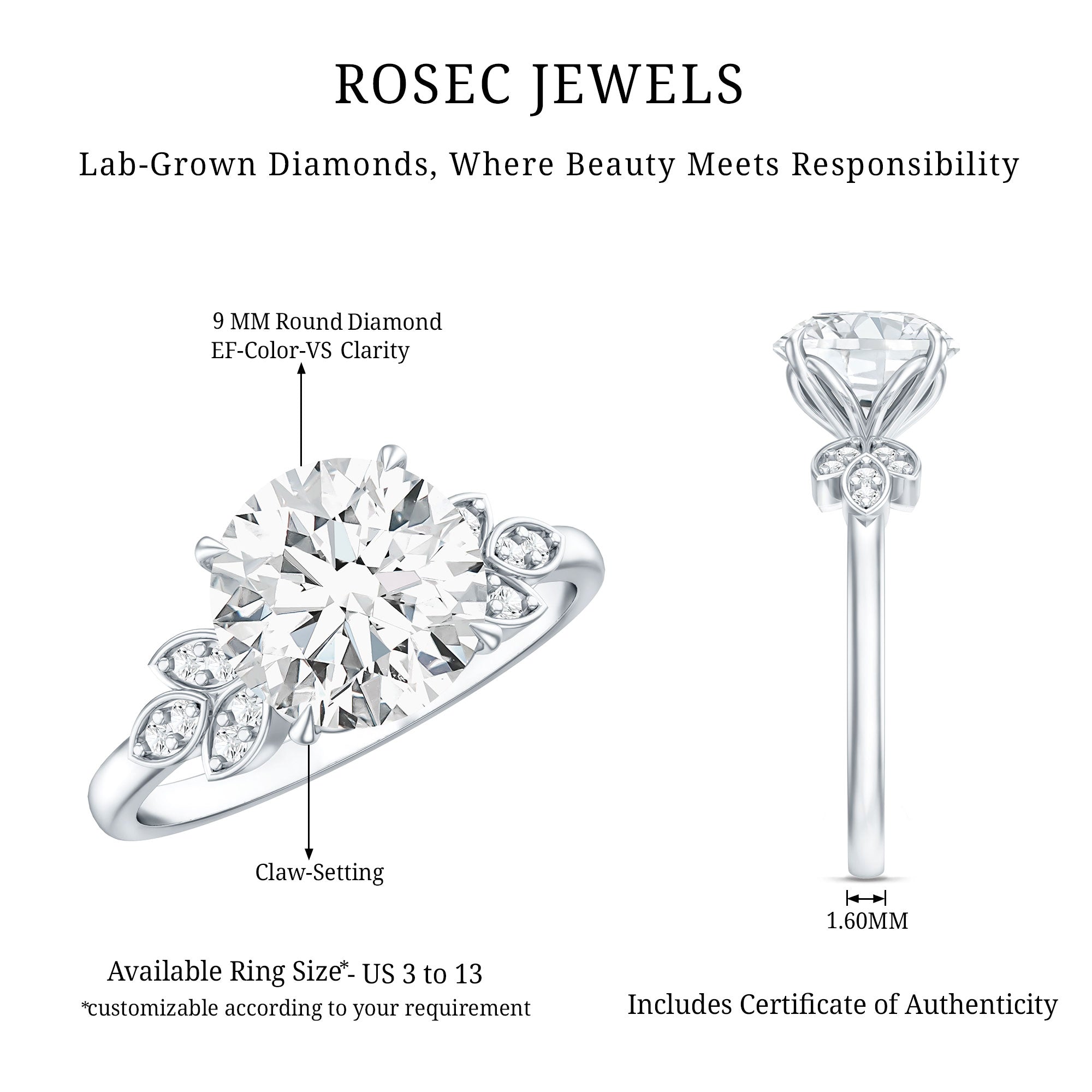 3 Carat Lab Grown Diamond Round Engagement Ring with Certificate Lab - ( EF-VS ) - Rosec Jewels
