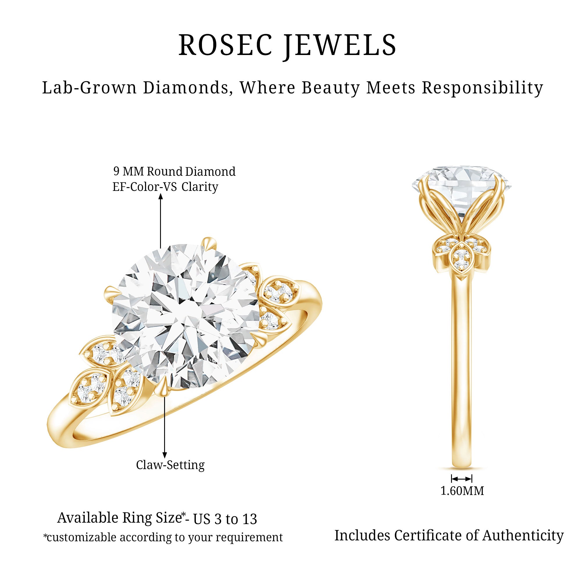 3 Carat Lab Grown Diamond Round Engagement Ring with Certificate Lab - ( EF-VS ) - Rosec Jewels