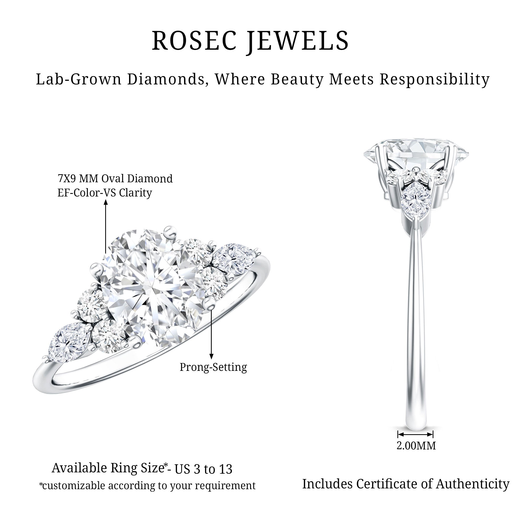 2 Carat Lab Grown Diamond Oval Engagement Ring with Trio Lab - ( EF-VS ) - Rosec Jewels