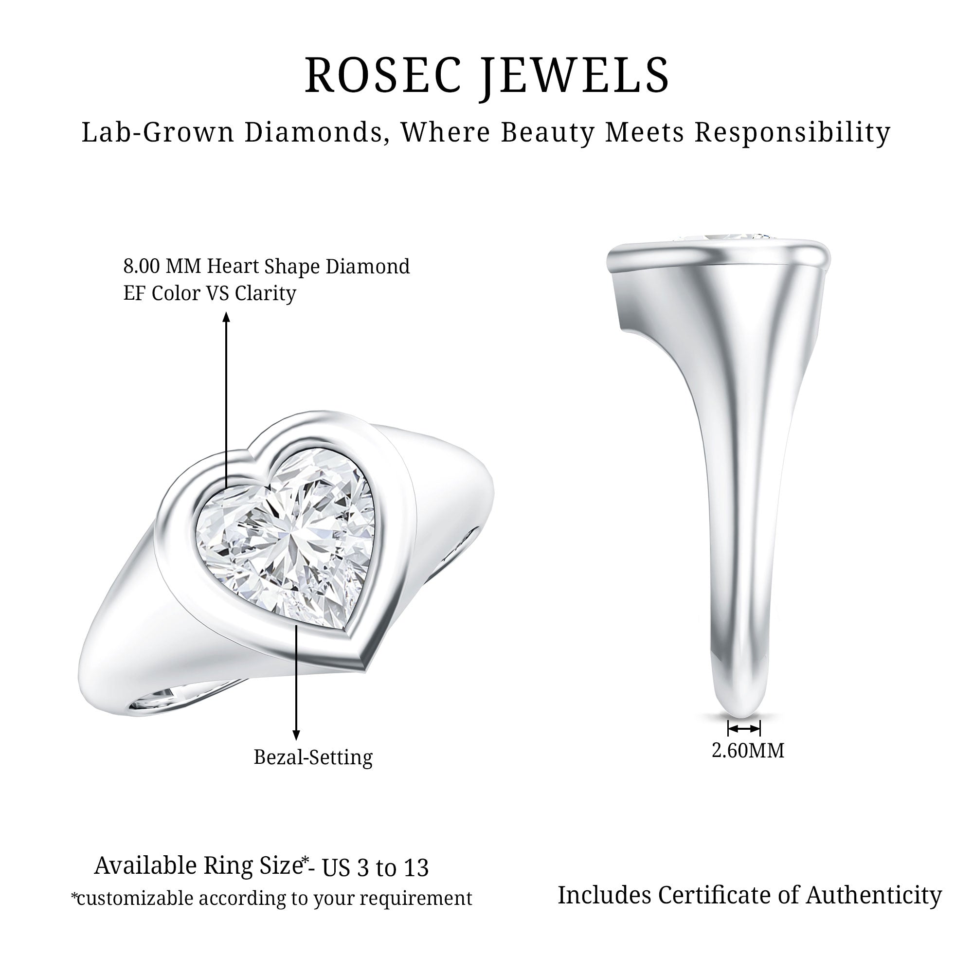 2 Carat Heart Shape Lab Grown Diamond Signet Engagement Ring Lab - ( EF-VS ) - Rosec Jewels