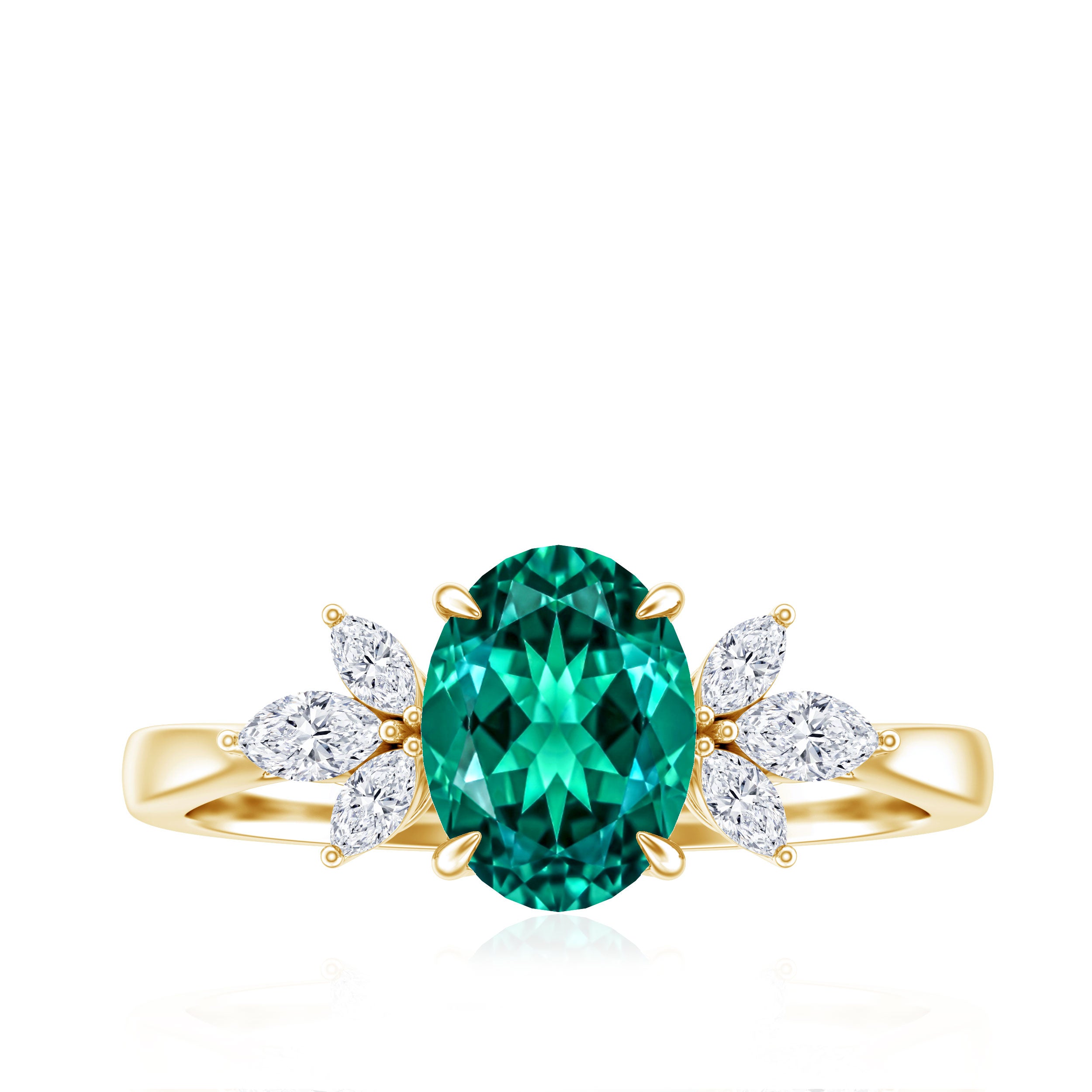 1.2 Carat Lab Created Emerald Oval Engagement Ring with Diamond Trio AAAA - Rosec Jewels