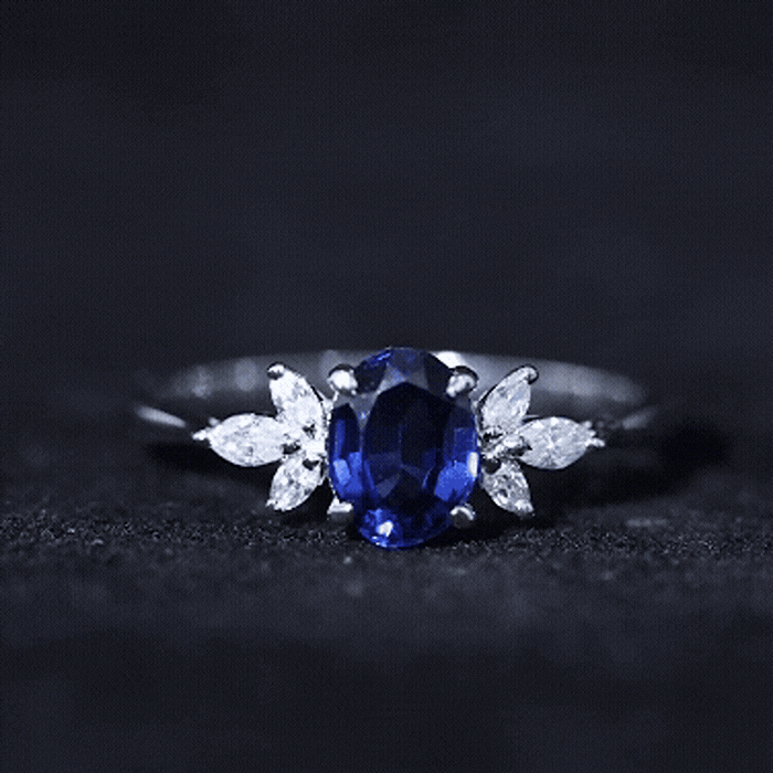 Certified 1.5 Carat Lab Grown Blue Sapphire Oval Engagement Ring with Diamond Trio AAAA - Rosec Jewels
