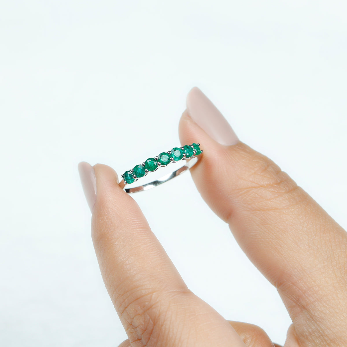 Certified 7 Stone Emerald Half Eternity Band for Women AAA - Rosec Jewels