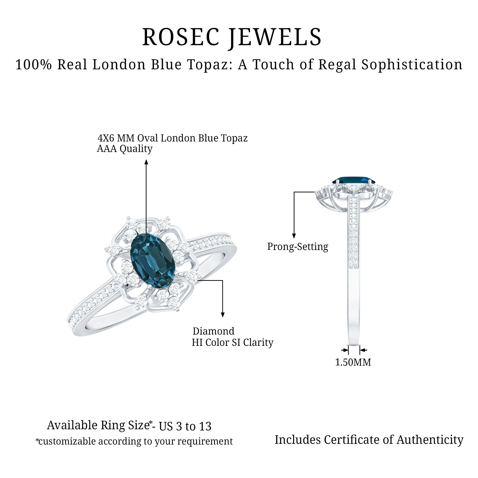 4X6mm Oval Cut London Blue Topaz Vintage Engagement Ring with Diamond AAA - Rosec Jewels