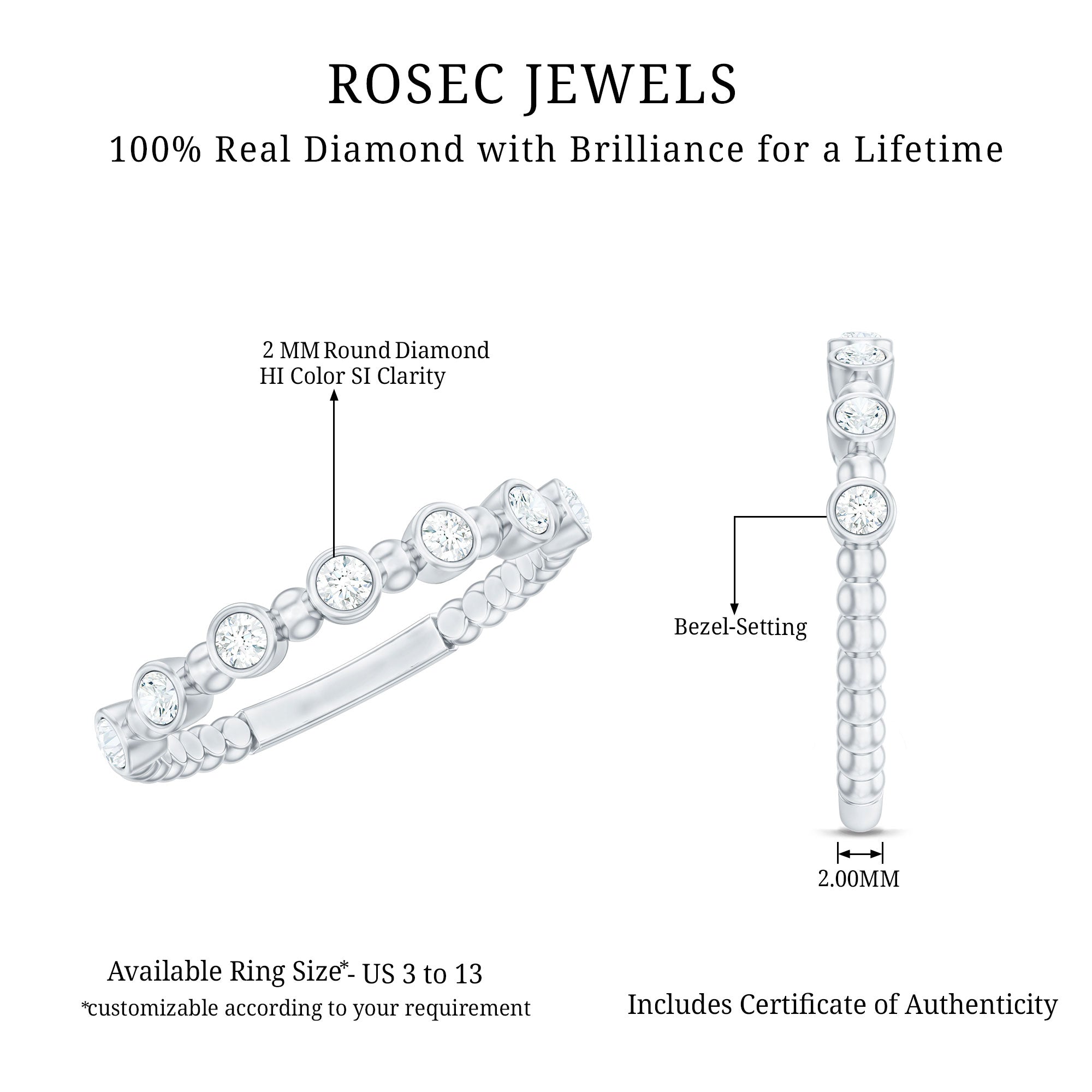 Rosec Jewels-Real Diamond Stackable Eternity Ring with Beaded Details