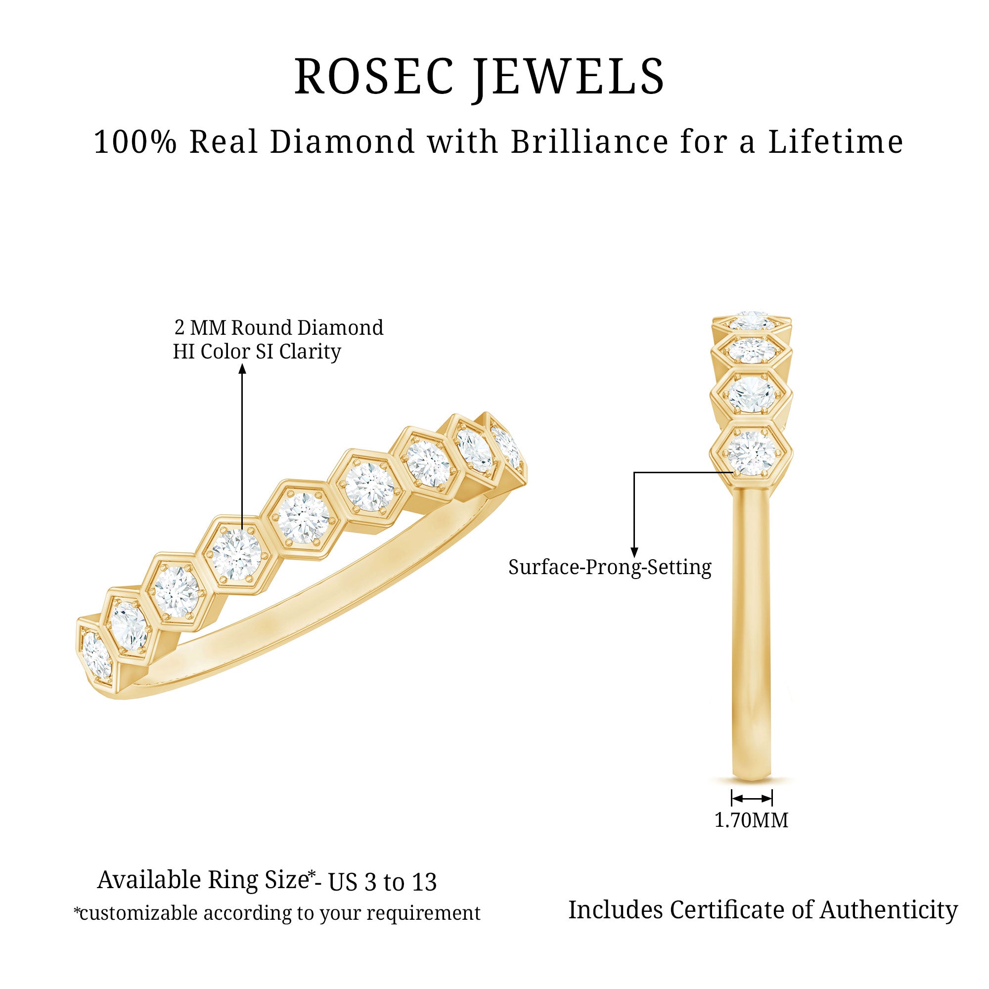 Rosec Jewels-Real Diamond Hexagon Half Eternity Ring for Women