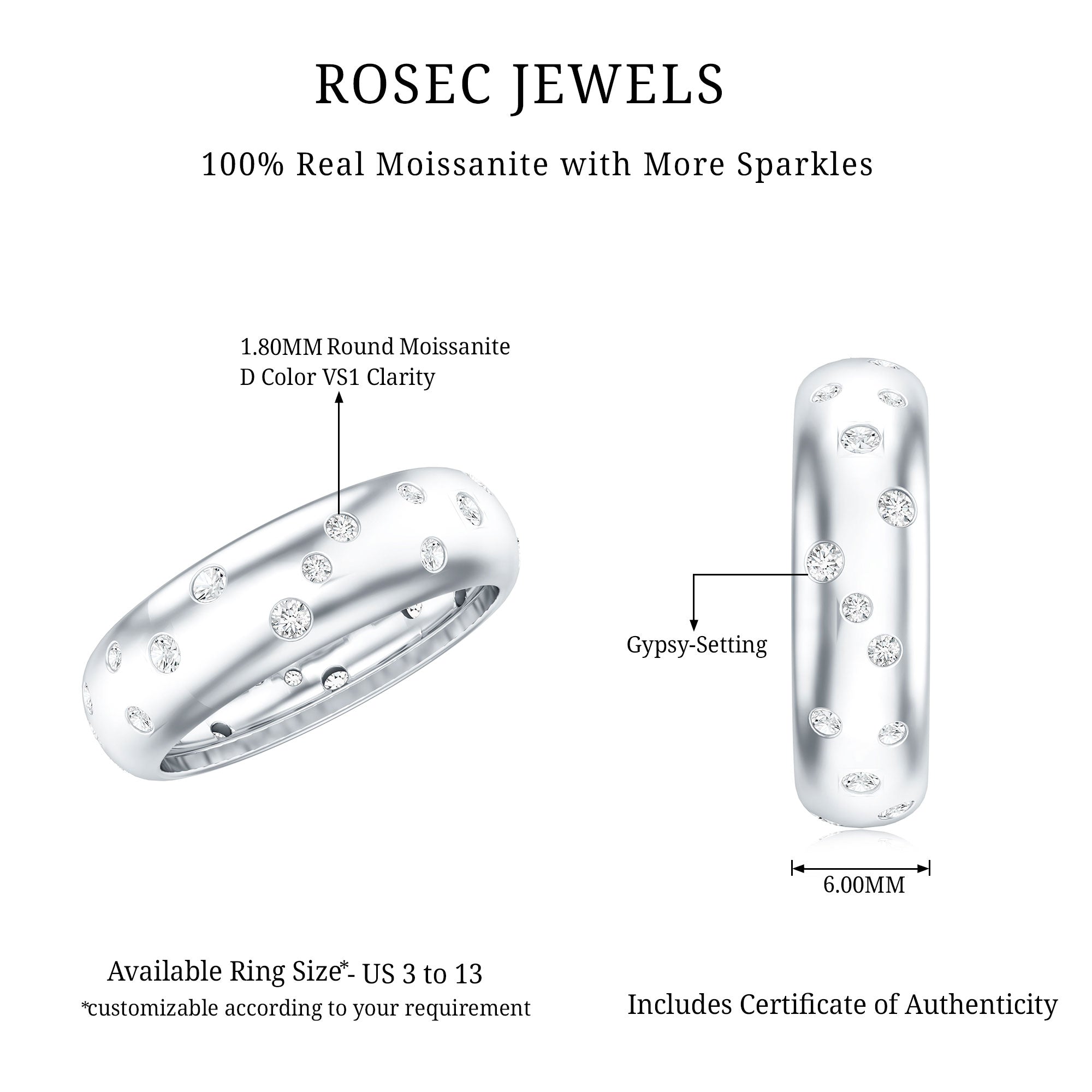 Rosec Jewels-Scatter Moissanite Wedding Wide Band Ring