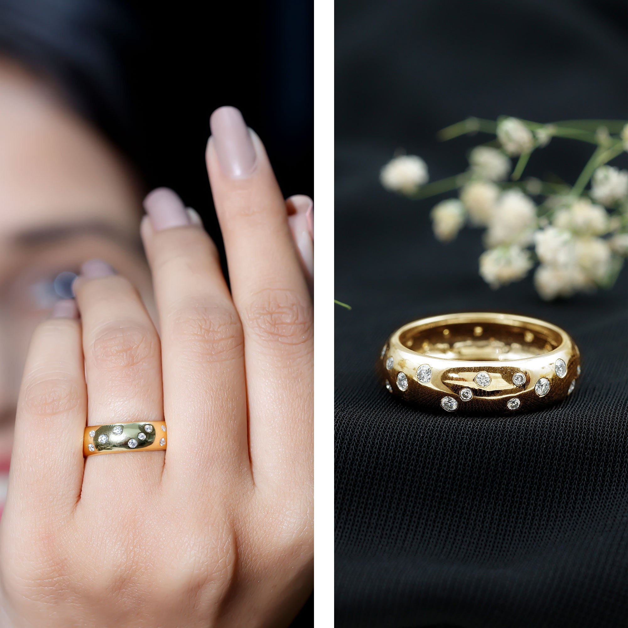 Rosec Jewels-Scatter Moissanite Wedding Wide Band Ring