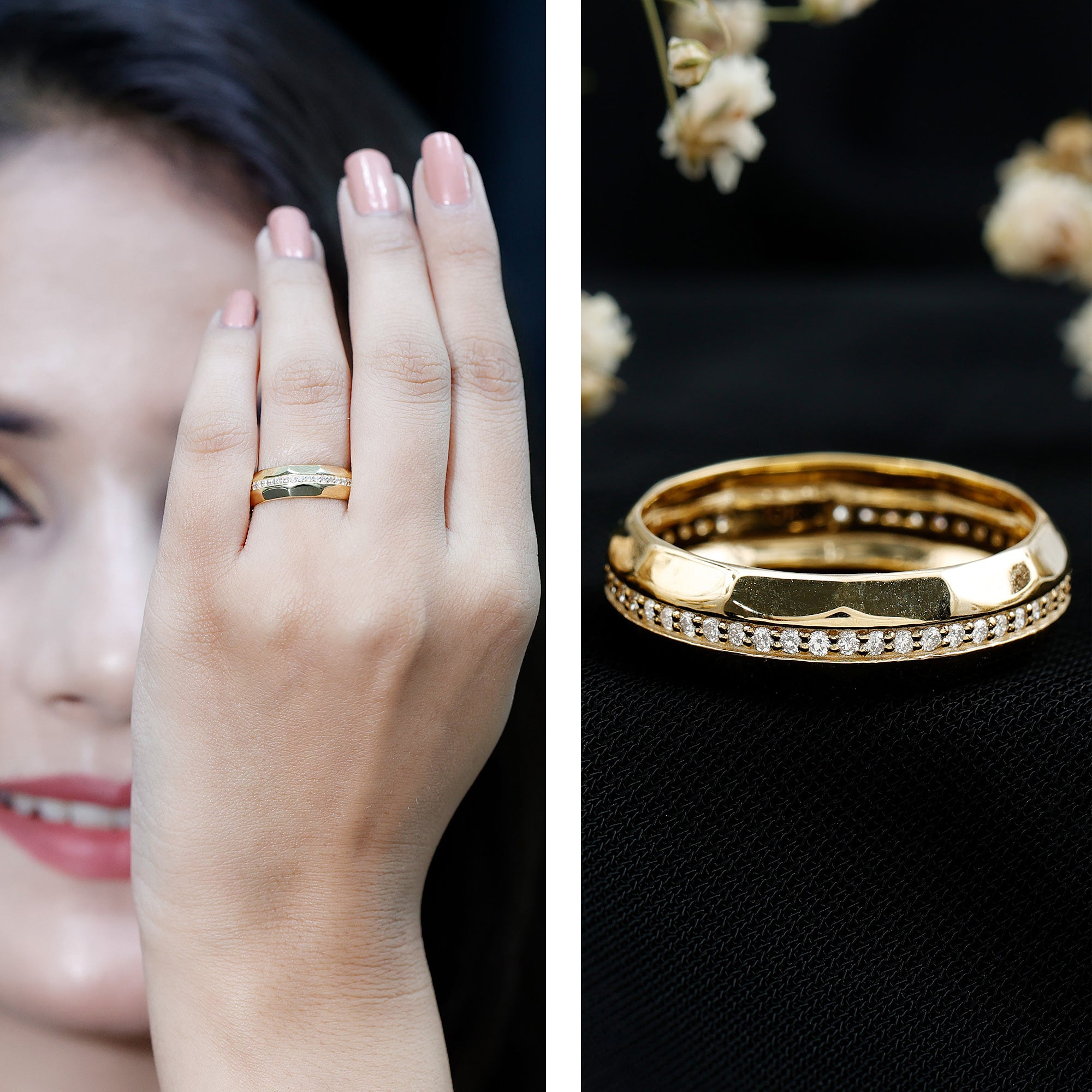 Natural Diamond Wide Eternity Band Ring with Textured Natural - ( HI-SI ) - Rosec Jewels