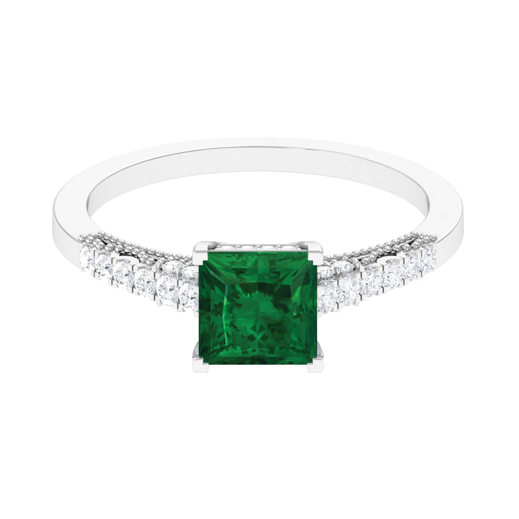 Princess Cut Created Emerald Simple Solitaire Ring with Zircon Lab Created Emerald - ( AAAA ) - Quality - Rosec Jewels