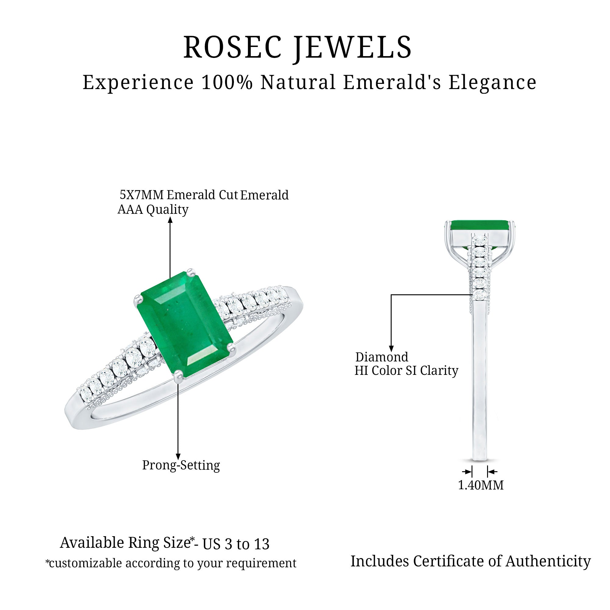 Rosec Jewels-Vintage Inspired 5X7MM Emerald Cut Emerald Engagement Ring with Diamonds