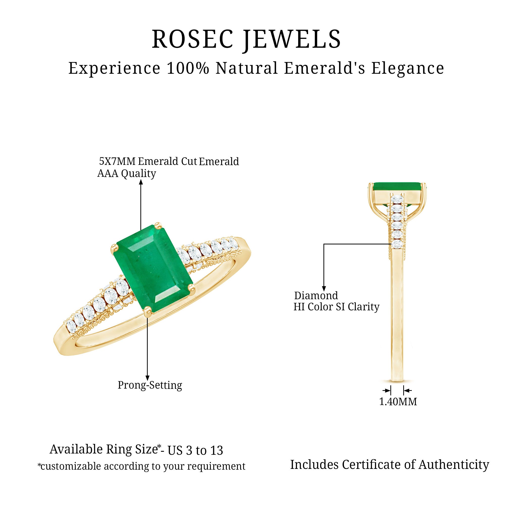 Rosec Jewels-Vintage Inspired 5X7MM Emerald Cut Emerald Engagement Ring with Diamonds