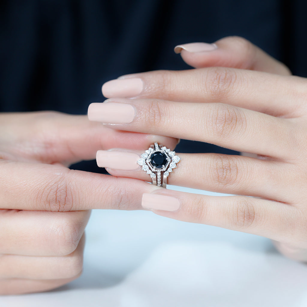 Vintage Inspired Black Spinel Wedding Ring Set with Moissanite Enhancers Black Spinel - ( AAA ) - Quality - Rosec Jewels