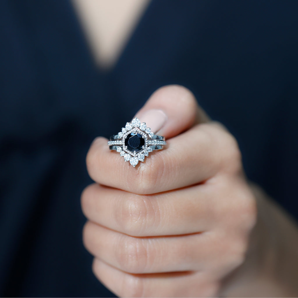 Vintage Inspired Black Spinel Wedding Ring Set with Moissanite Enhancers Black Spinel - ( AAA ) - Quality - Rosec Jewels