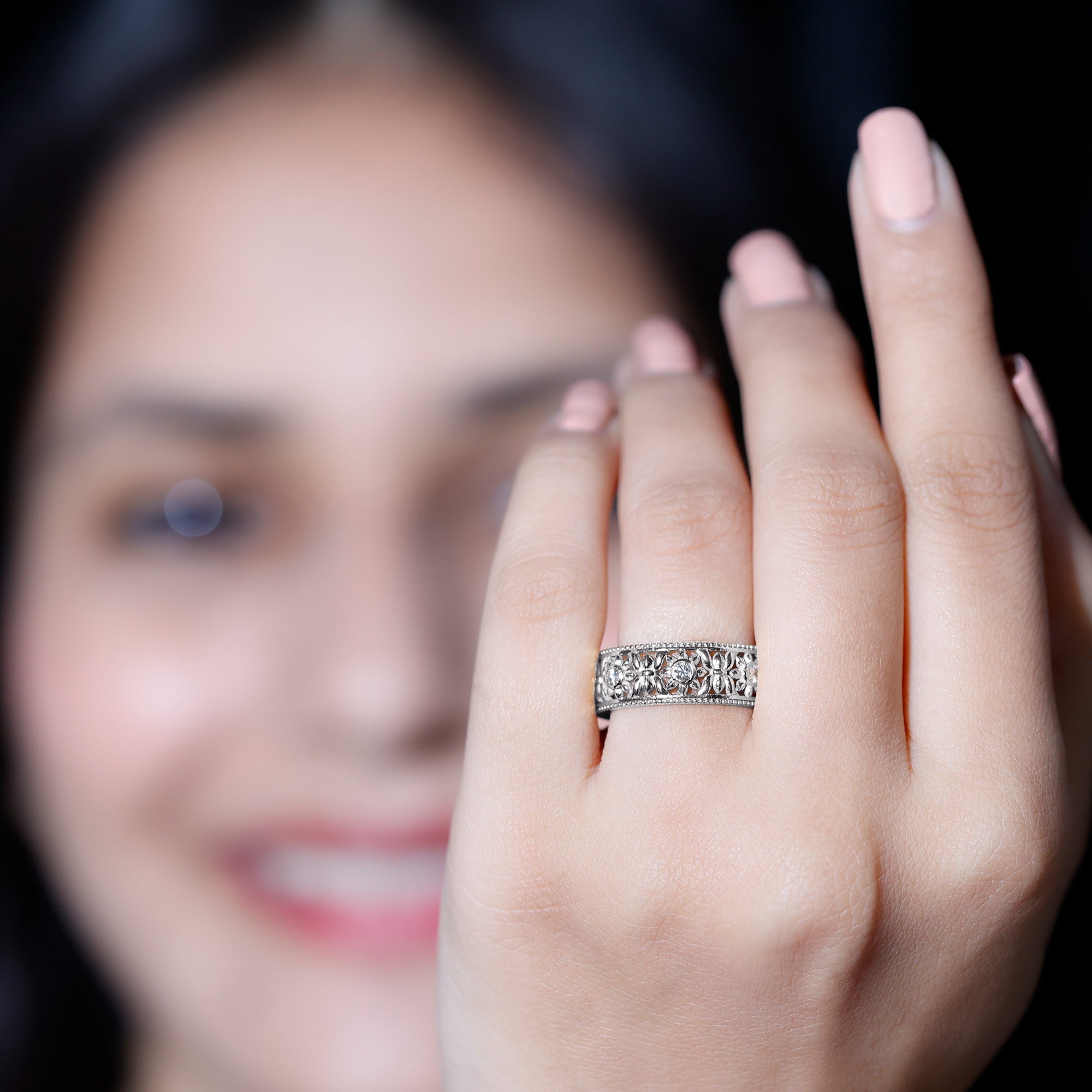 Bezel Set Diamond Flower Filigree Wedding Band Natural - ( HI-SI ) - Rosec Jewels