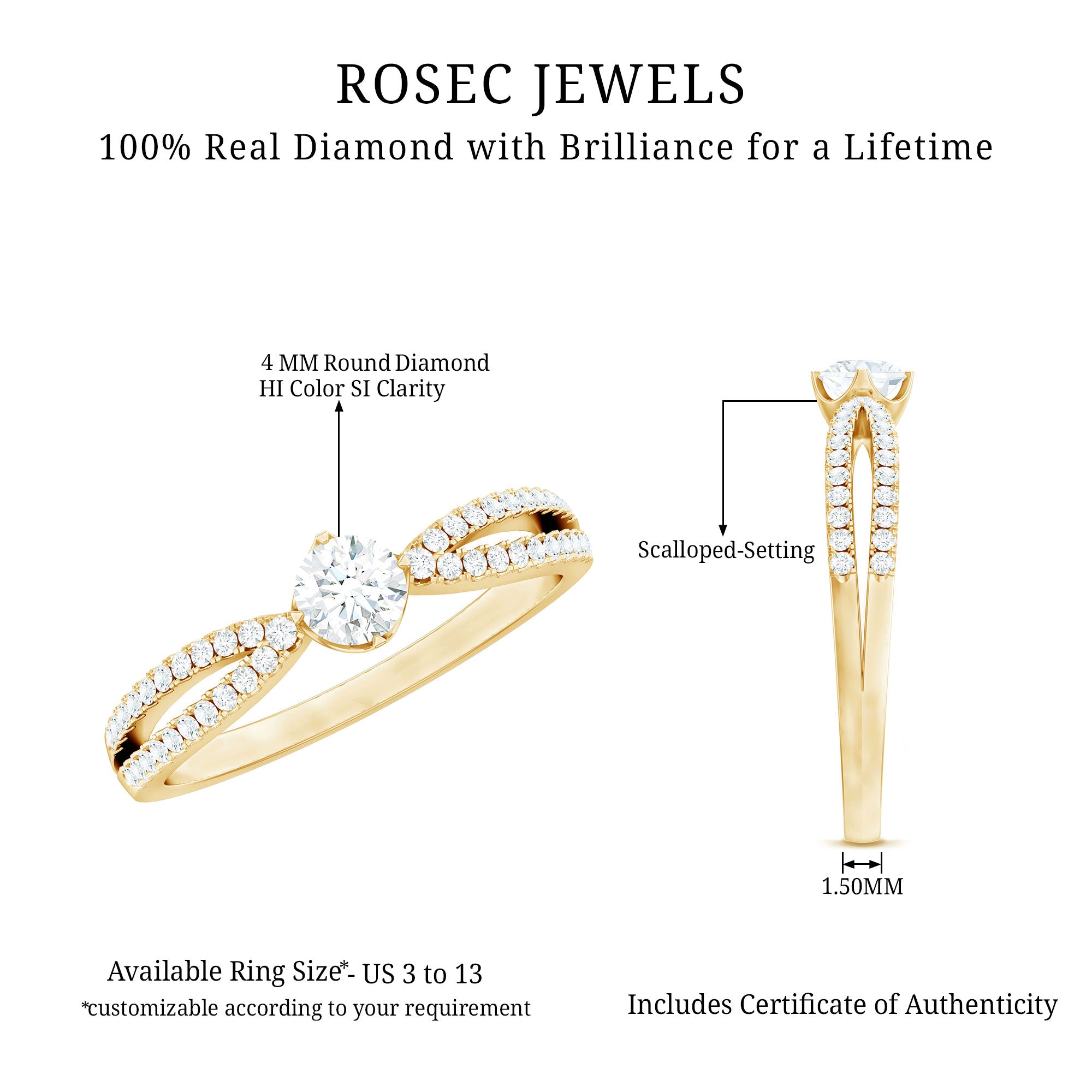 Rosec Jewels-Diamond Solitaire Engagement Ring With Split Shank