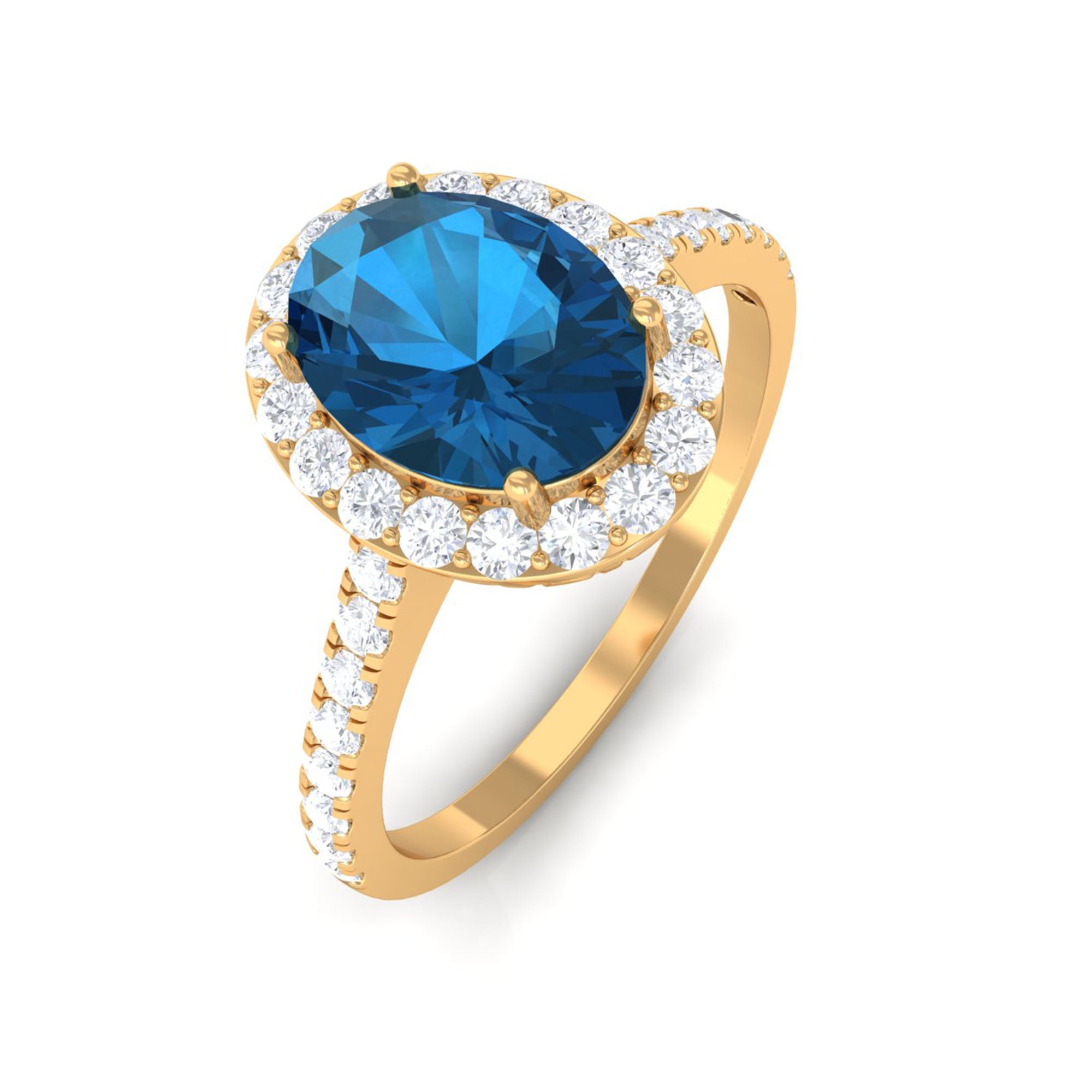 2 CT Oval Cut London Blue Topaz Solitaire Ring with Diamond Halo AAA - Rosec Jewels