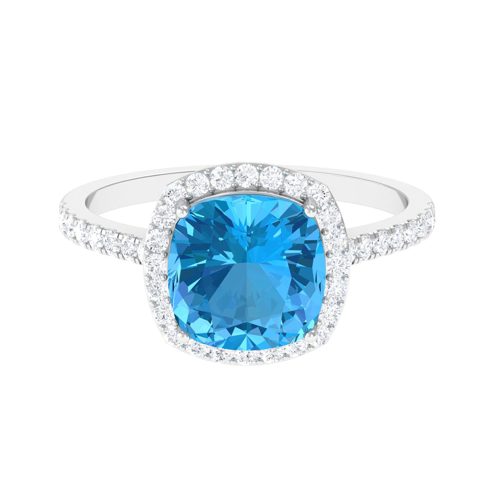 3 CT Cushion Cut Swiss Blue Topaz Solitaire Ring with Diamond Side Stones Swiss Blue Topaz - ( AAA ) - Quality - Rosec Jewels