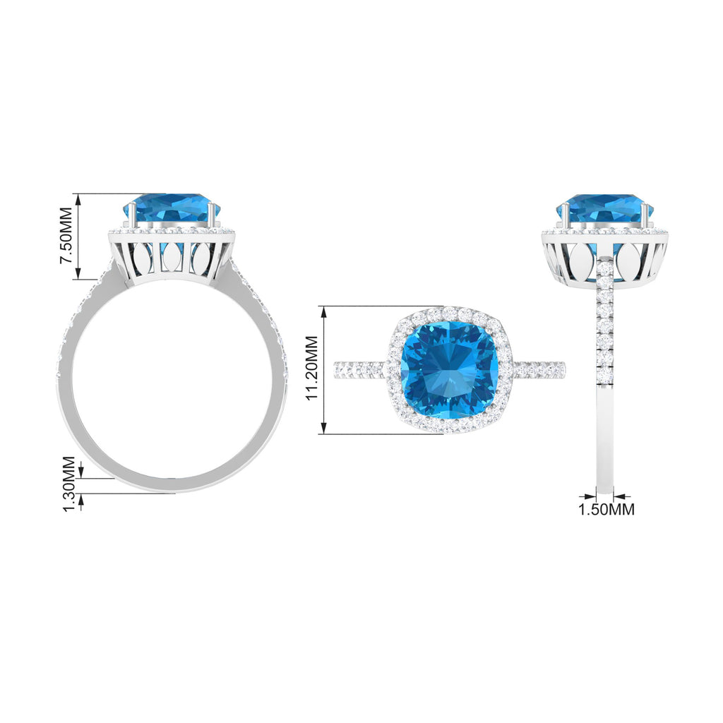 Rosec Jewels - 3 CT Cushion Cut Swiss Blue Topaz Solitaire Ring with Diamond Side Stones