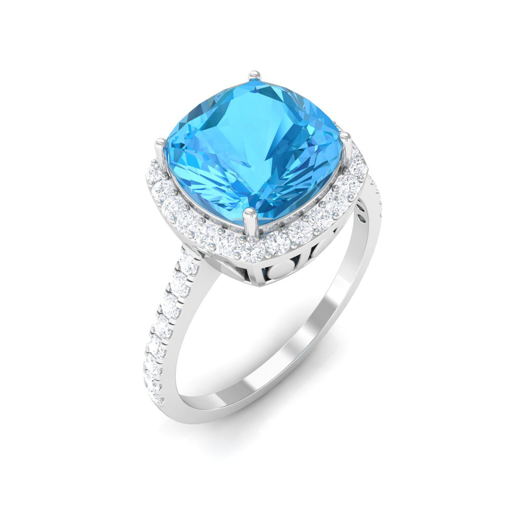 Rosec Jewels - 3 CT Cushion Cut Swiss Blue Topaz Solitaire Ring with Diamond Side Stones