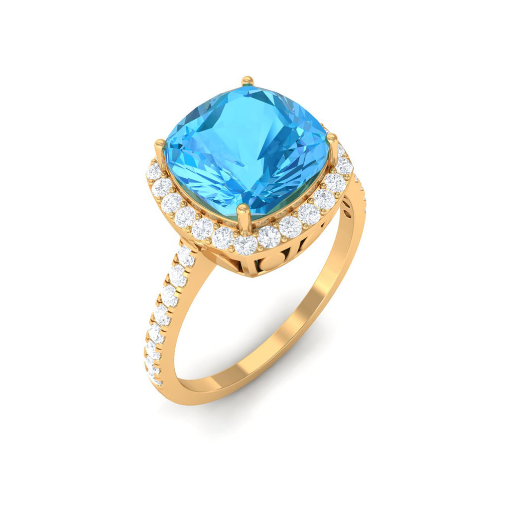 3 CT Cushion Cut Swiss Blue Topaz Solitaire Ring with Diamond Side Stones Swiss Blue Topaz - ( AAA ) - Quality - Rosec Jewels