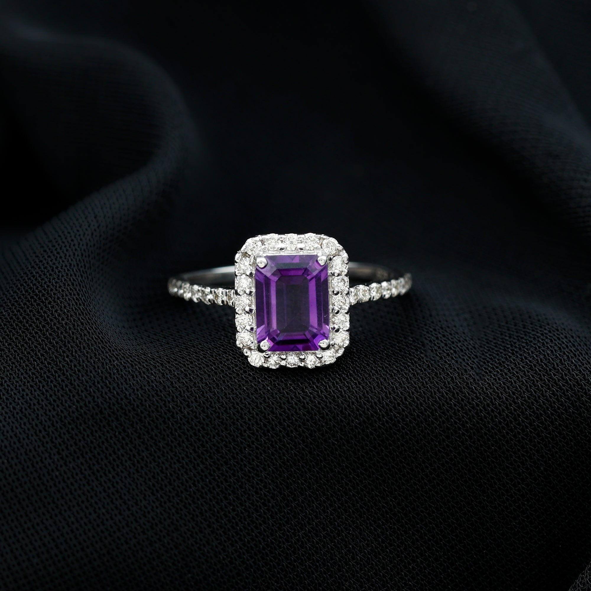 1.4 Carat Amethyst Emerald Cut Engagement Ring with Diamond Halo AAA - Rosec Jewels