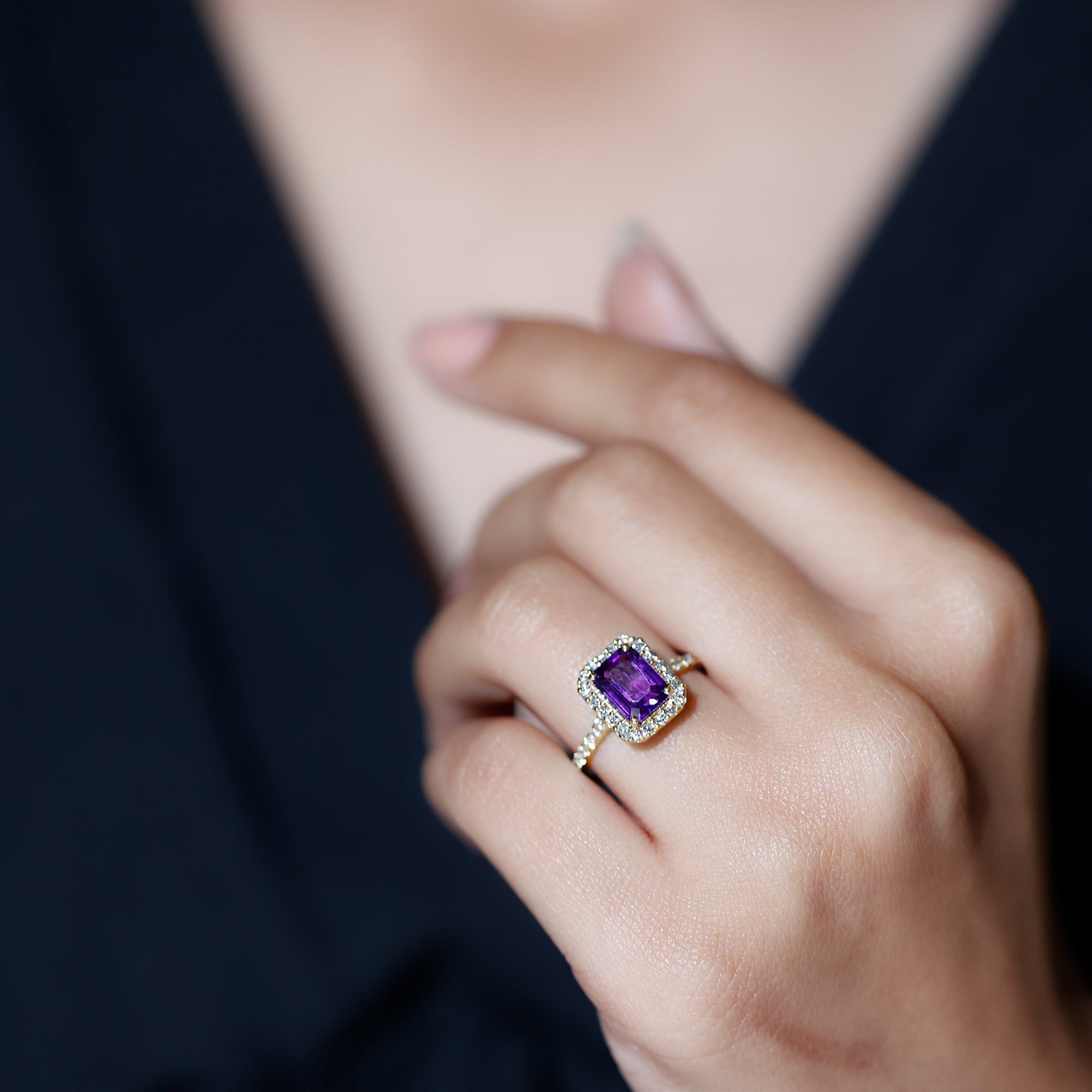 1.4 Carat Amethyst Emerald Cut Engagement Ring with Diamond Halo AAA - Rosec Jewels