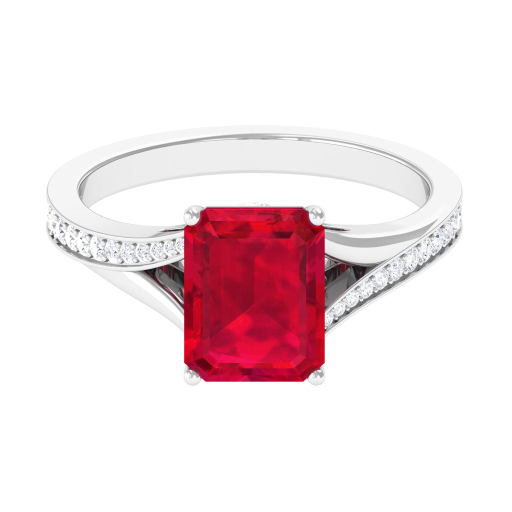 Emerald Cut Lab Grown Ruby and Diamond Ring with Split Shank Lab Created Ruby - ( AAAA ) - Quality - Rosec Jewels