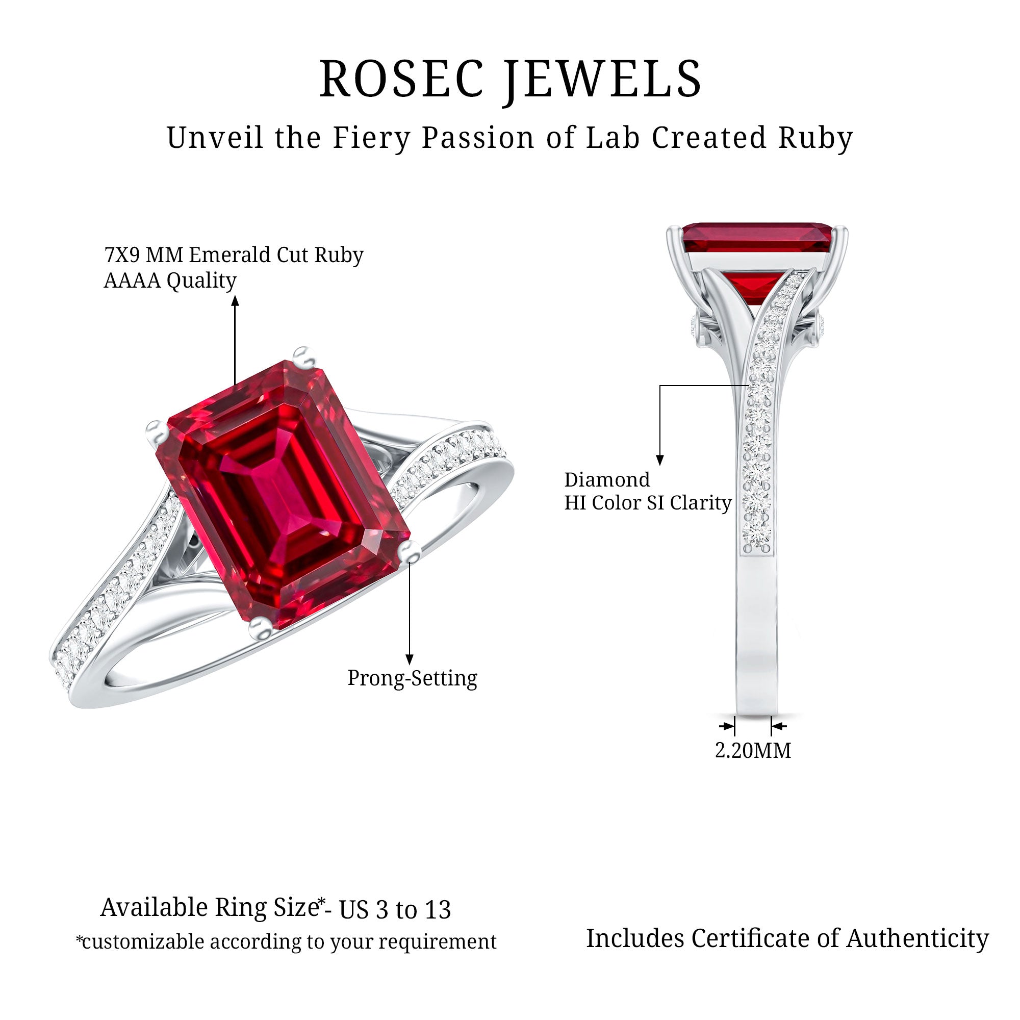 2 Carat Lab Grown Ruby Emerald Cut Engagement Ring with Split