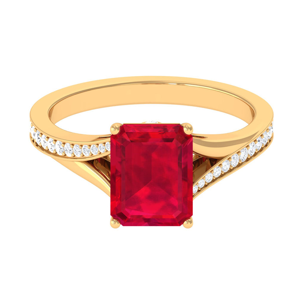 Emerald Cut Lab Grown Ruby and Diamond Ring with Split Shank Lab Created Ruby - ( AAAA ) - Quality - Rosec Jewels