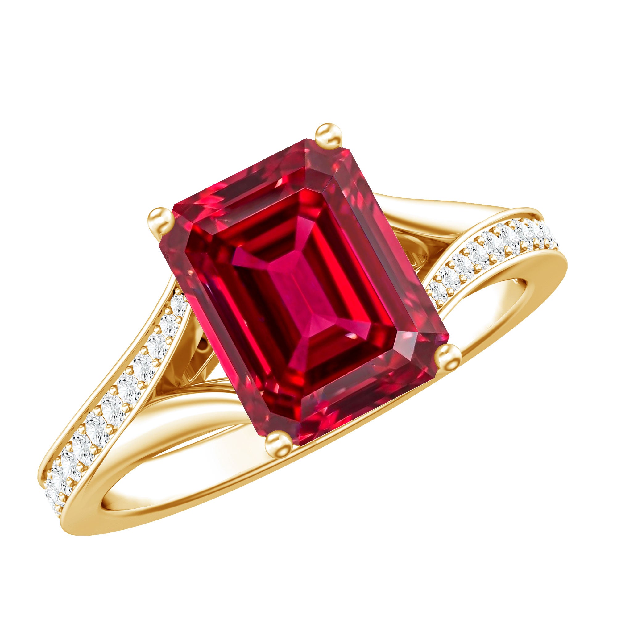 Emerald Cut Lab Grown Ruby and Diamond Ring with Split Shank Emerald Cut Lab Grown Ruby and Diamond Ring with Split Shank