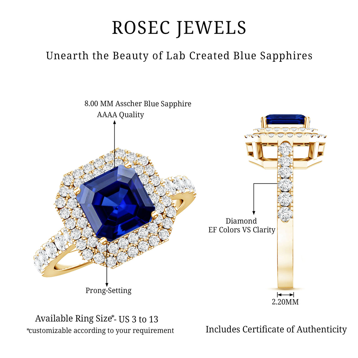 Vintage Looking Lab Created Blue Sapphire and Diamond Engagement Ring AAAA - Rosec Jewels