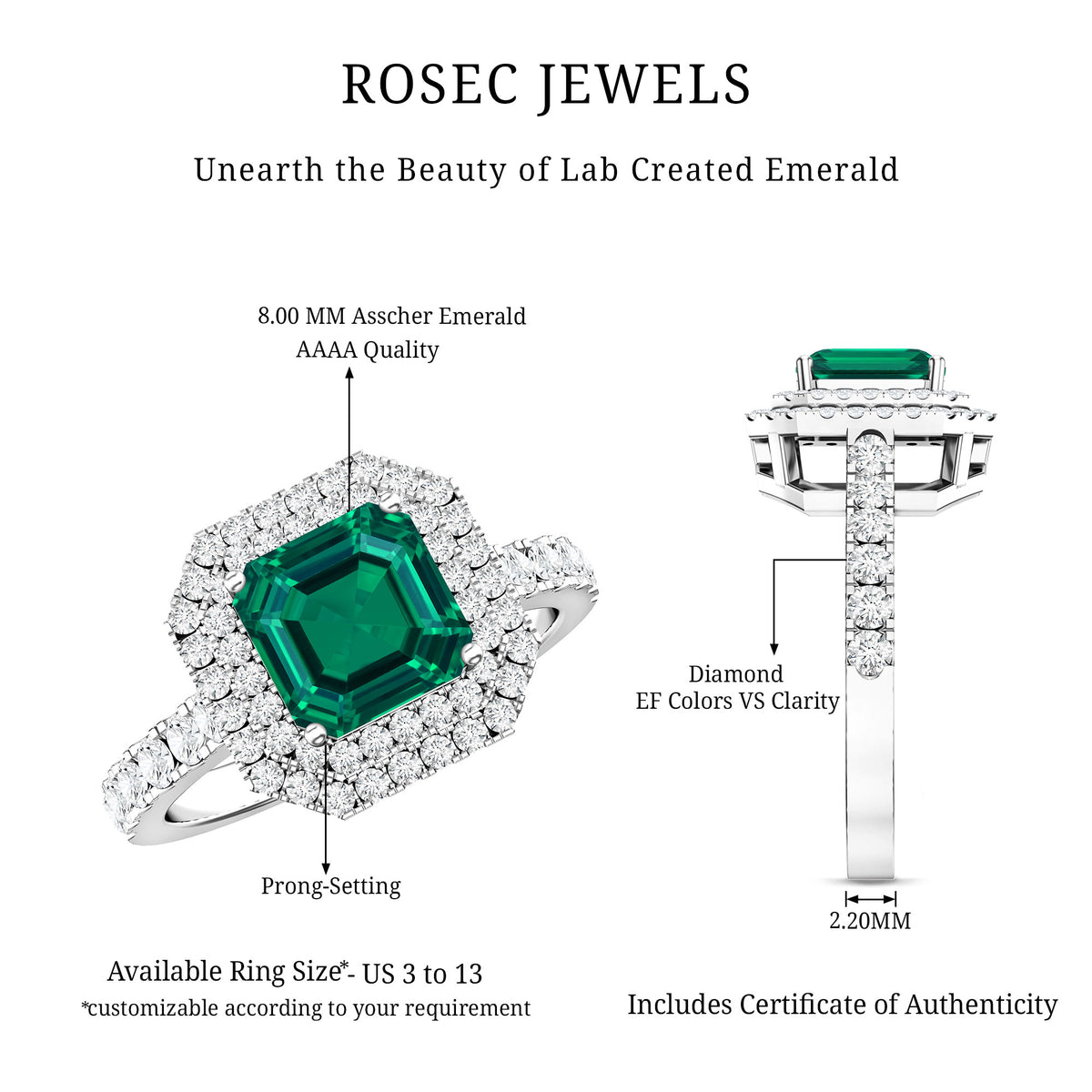 Asscher Cut 6 Carat Lab Created Emerald Engagement Ring with Diamond Double Halo AAAA - Rosec Jewels